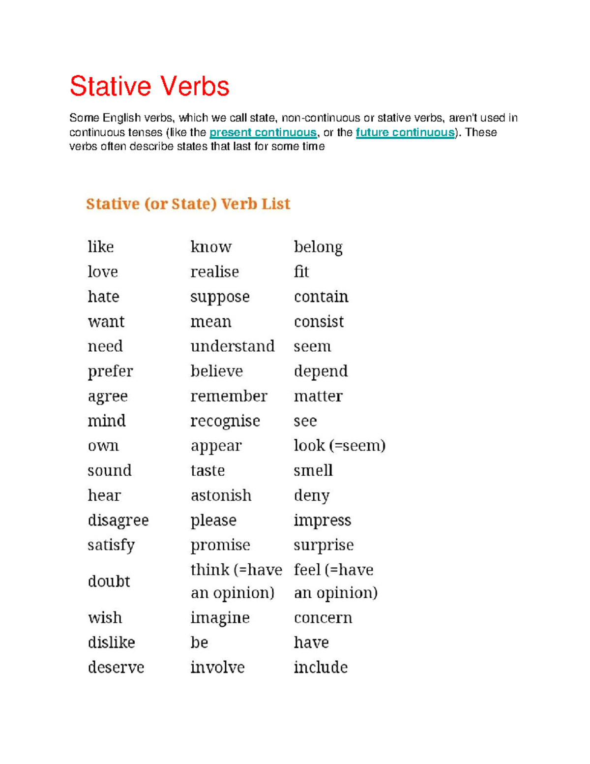 Stative Verbs Stative Verbs Some English Verbs Which We Call State 