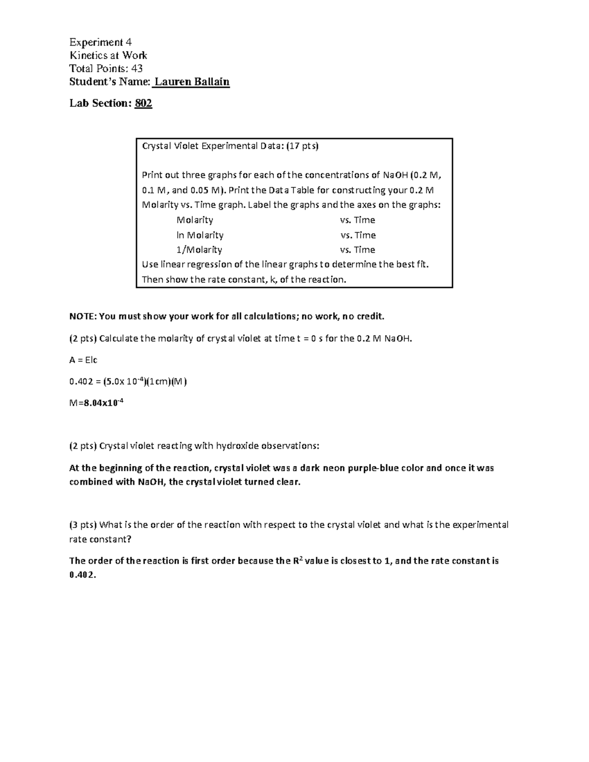 CHEM 110 LAB - Experiment 4 Kinetics At Work - Experiment 4 Kinetics At ...