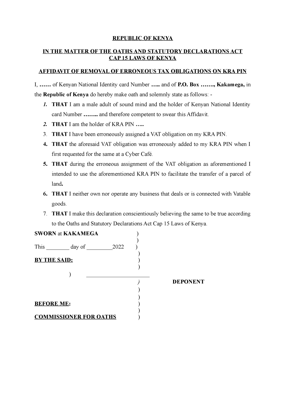 Affidavit Vat Republic Of Kenya In The Matter Of The Oaths And Statutory Declarations Act Cap 