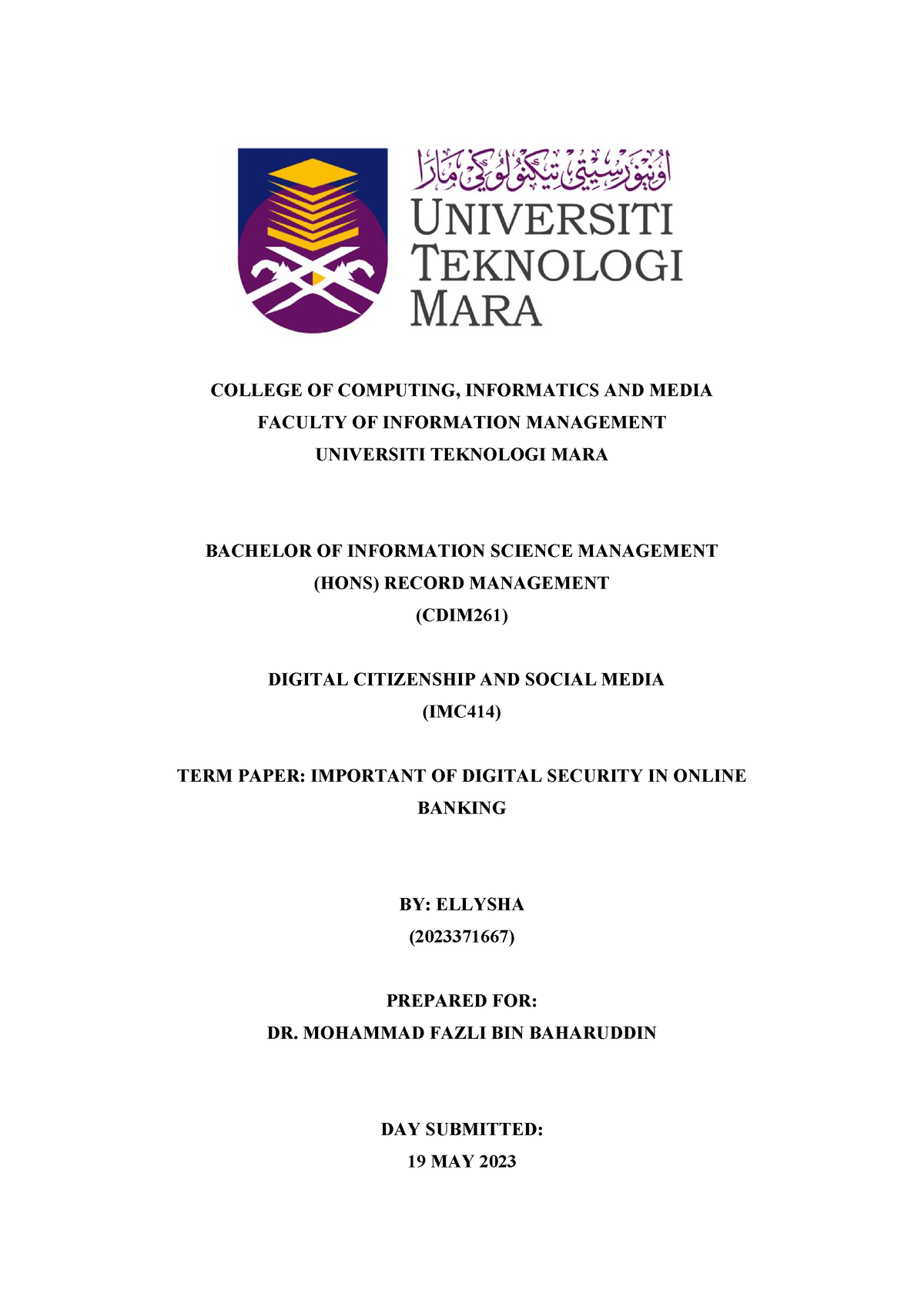 IMC414 Individual Assignment ( Digital Security) - COLLEGE OF COMPUTING ...