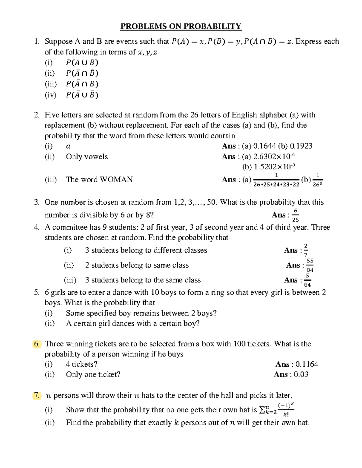 Problems on probability SHK - PROBLEMS ON PROBABILITY Suppose A and B ...