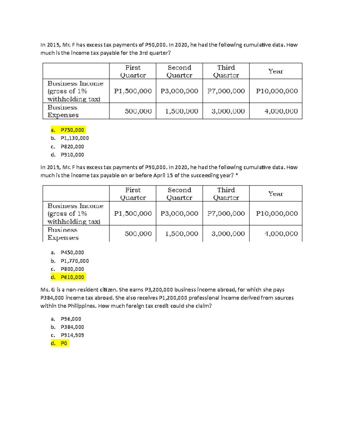 TAX 50 - TAXATION - In 2019, Mr. F has excess tax payments of P90,000 ...