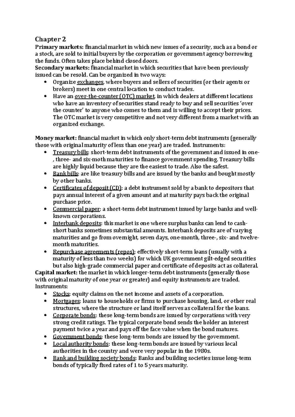 Summary Money and Banking H2,48,1011 Chapter 2 Primary markets