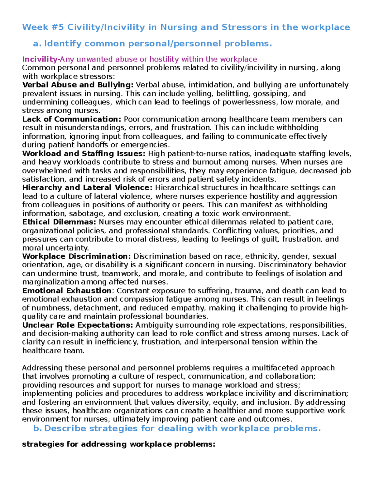 Incivility in nursing - Week #5 Civility/Incivility in Nursing and ...