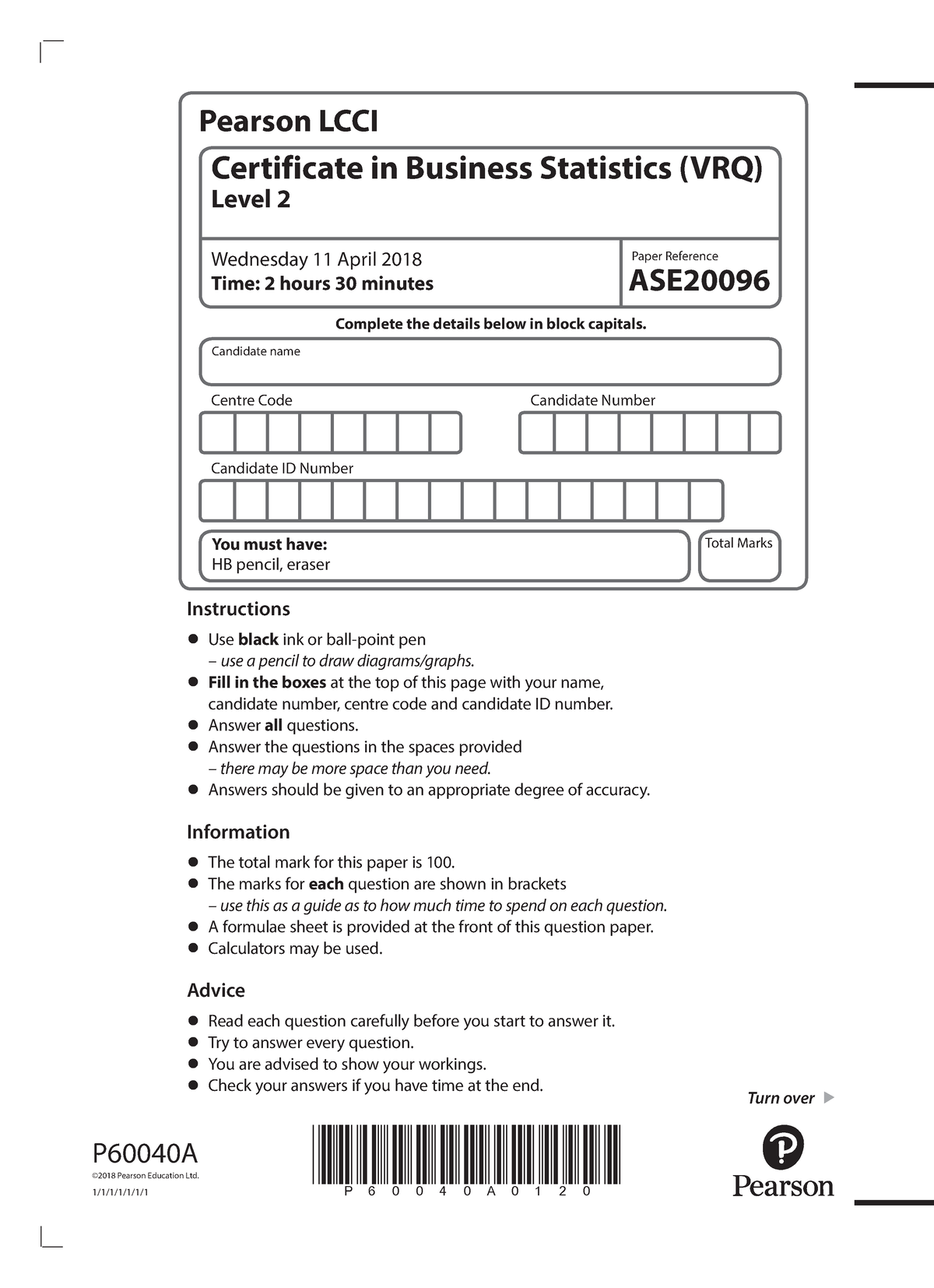 3 60040 LCCI Level 2 Certificate in Business Statistics ASE2009 6 Apr ...