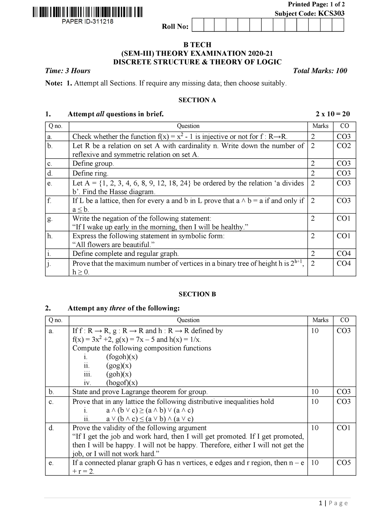 Btech Cs 3 Sem Discrete Structure And Theory Of Logic Kcs303 2021 ...