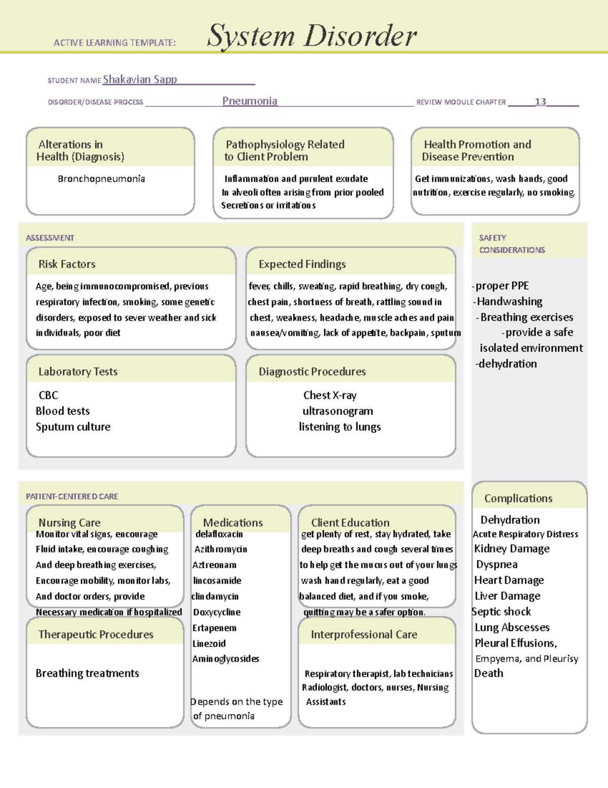 System Disorder Pneumonia ASSESSMENT SAFETY CONSIDERATIONS PATIENT 