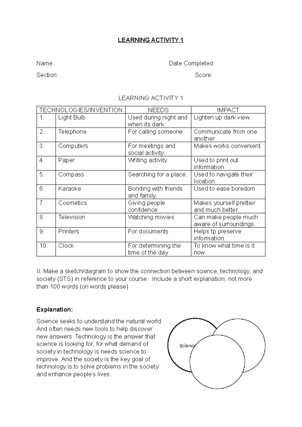 Act 1 - great - LEARNING ACTIVITY 1 Name: Date Completed: Section ...