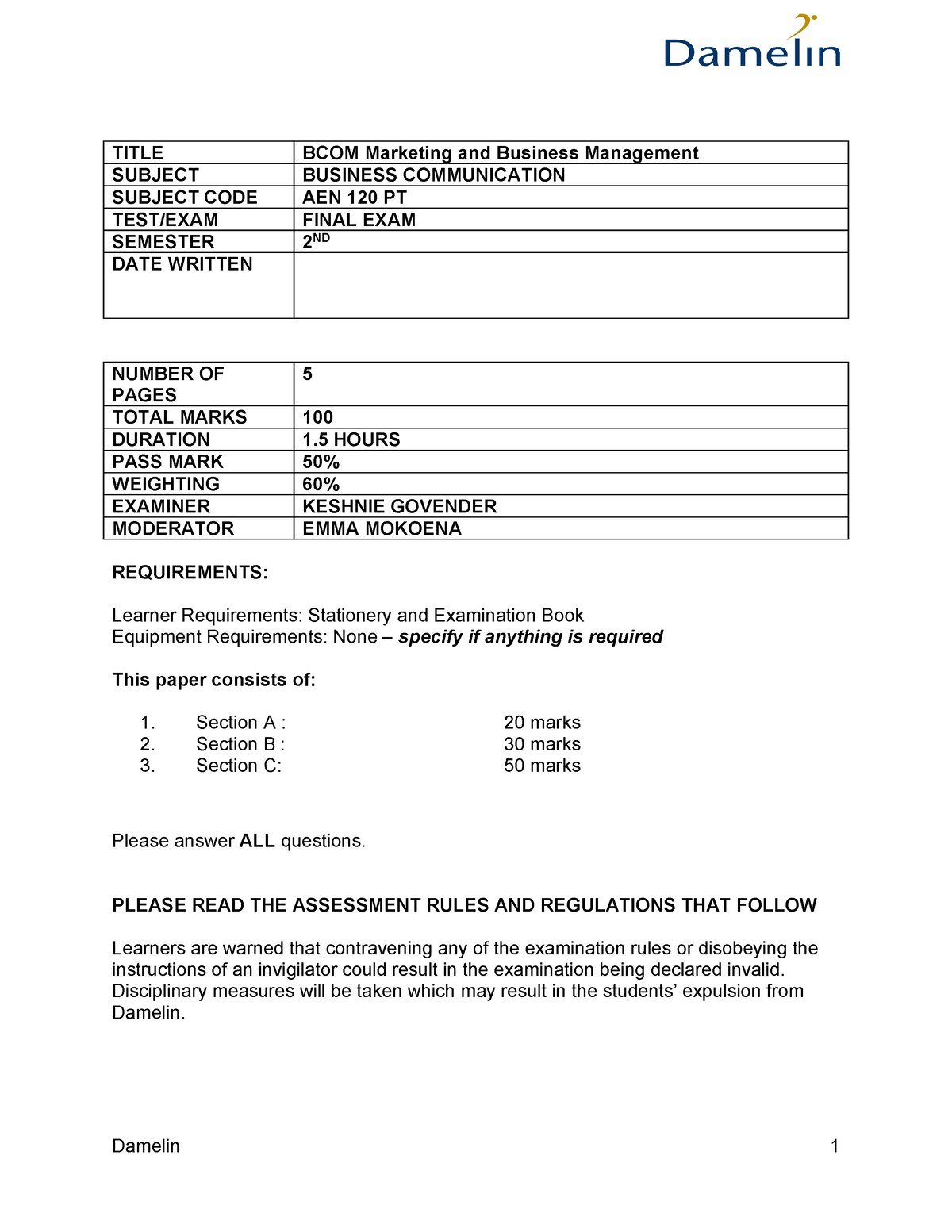 Final Exam Business Communication (part time) BCOM ACC Question 2015 ...