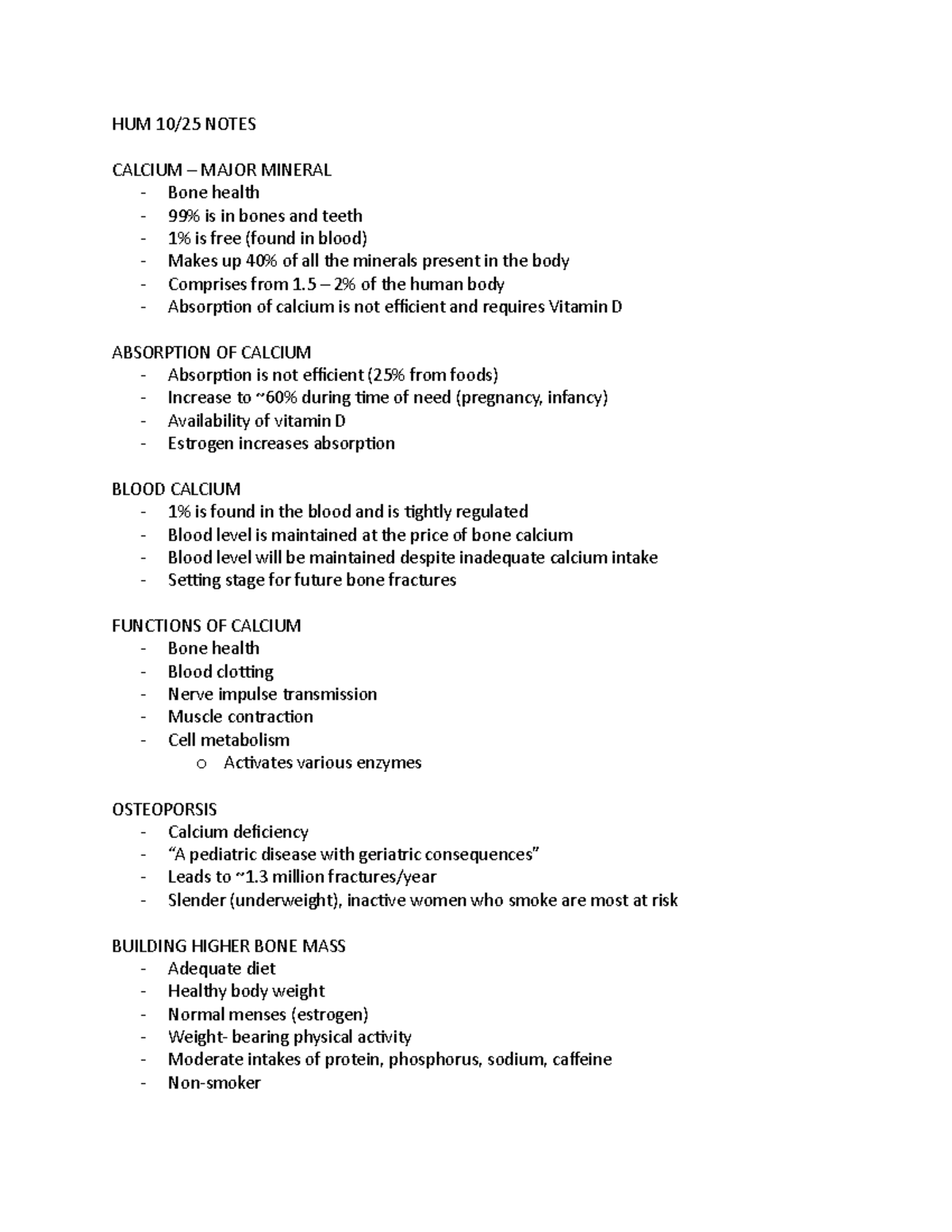 Calcium and Bone Mass - HUM 10/25 NOTES CALCIUM – MAJOR MINERAL Bone ...
