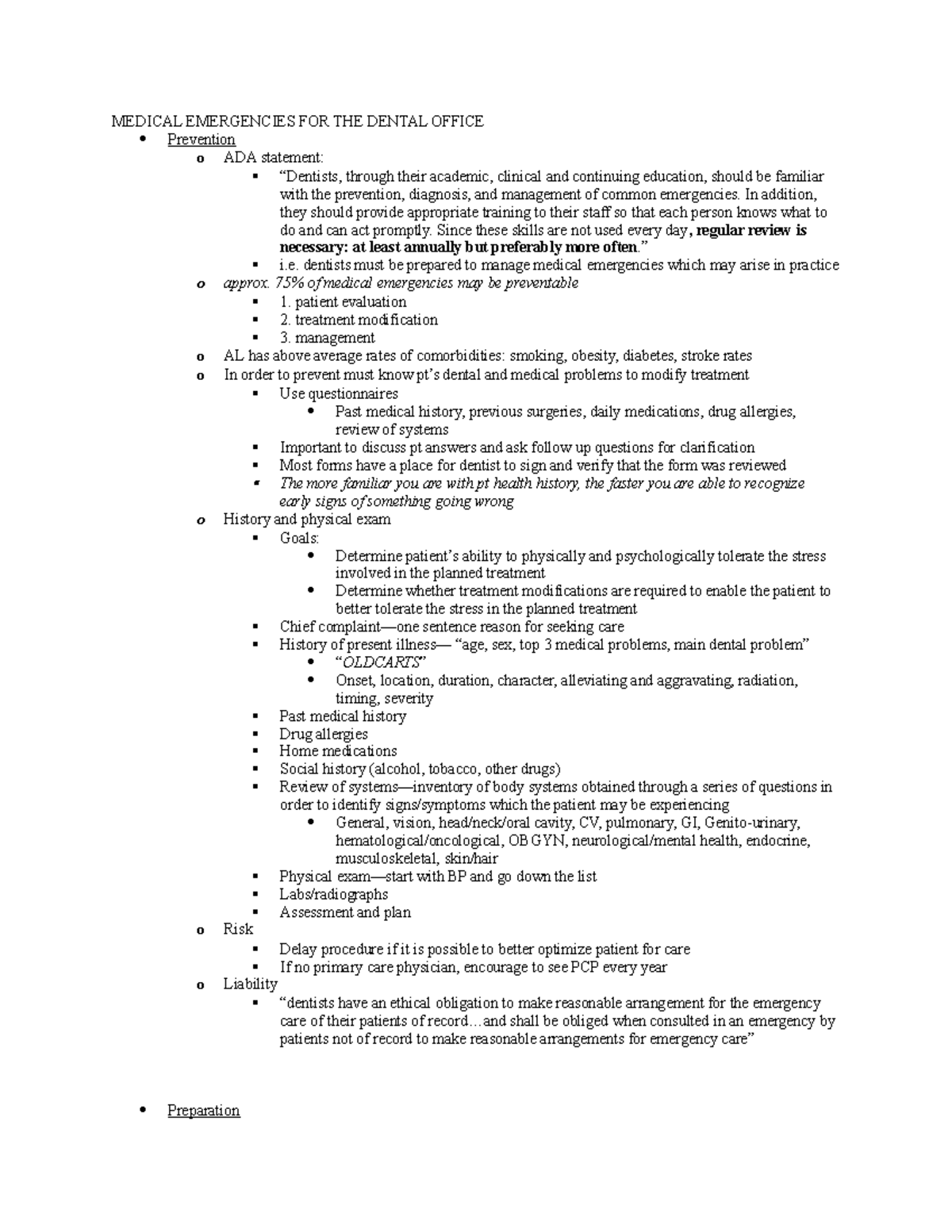 ME T1 - My notes - MEDICAL EMERGENCIES FOR THE DENTAL OFFICE Prevention ...