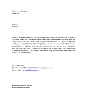 Carta solicitud pago licencia de maternidad - Tocaima Cundinamarca 05/03/  Señores: NUEVA EPS - Studocu