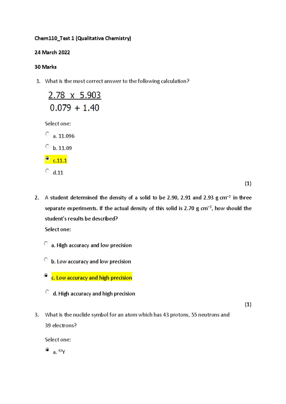 Chem110 Test 1 24 March 2022 - Chem110_Test 1 (Qualitative Chemistry ...