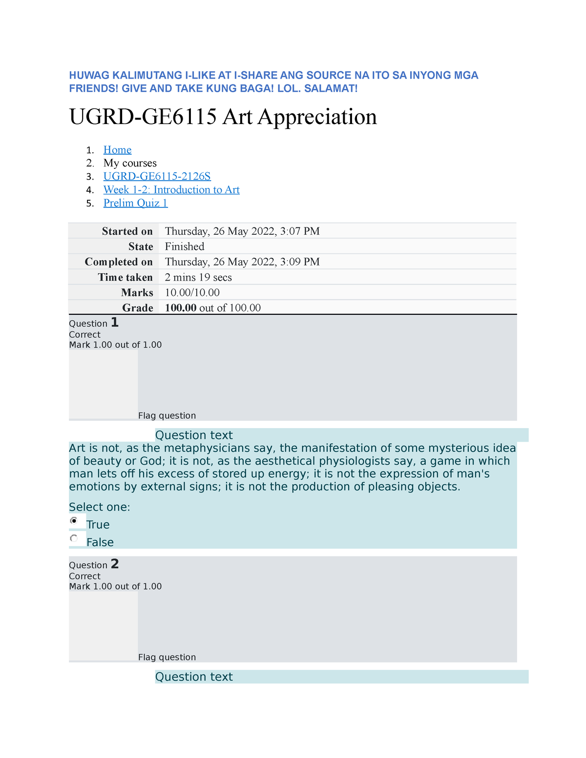 Prelim Quiz 1 - UGRD-GE6115 Art Appreciation - Don't Forget To Like And ...