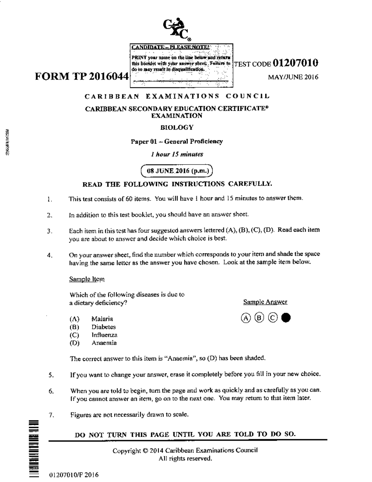 CSEC Biology June 2016 P1 - %. FORM TP 2016044 CANDMATE - PI,['-A SE ...