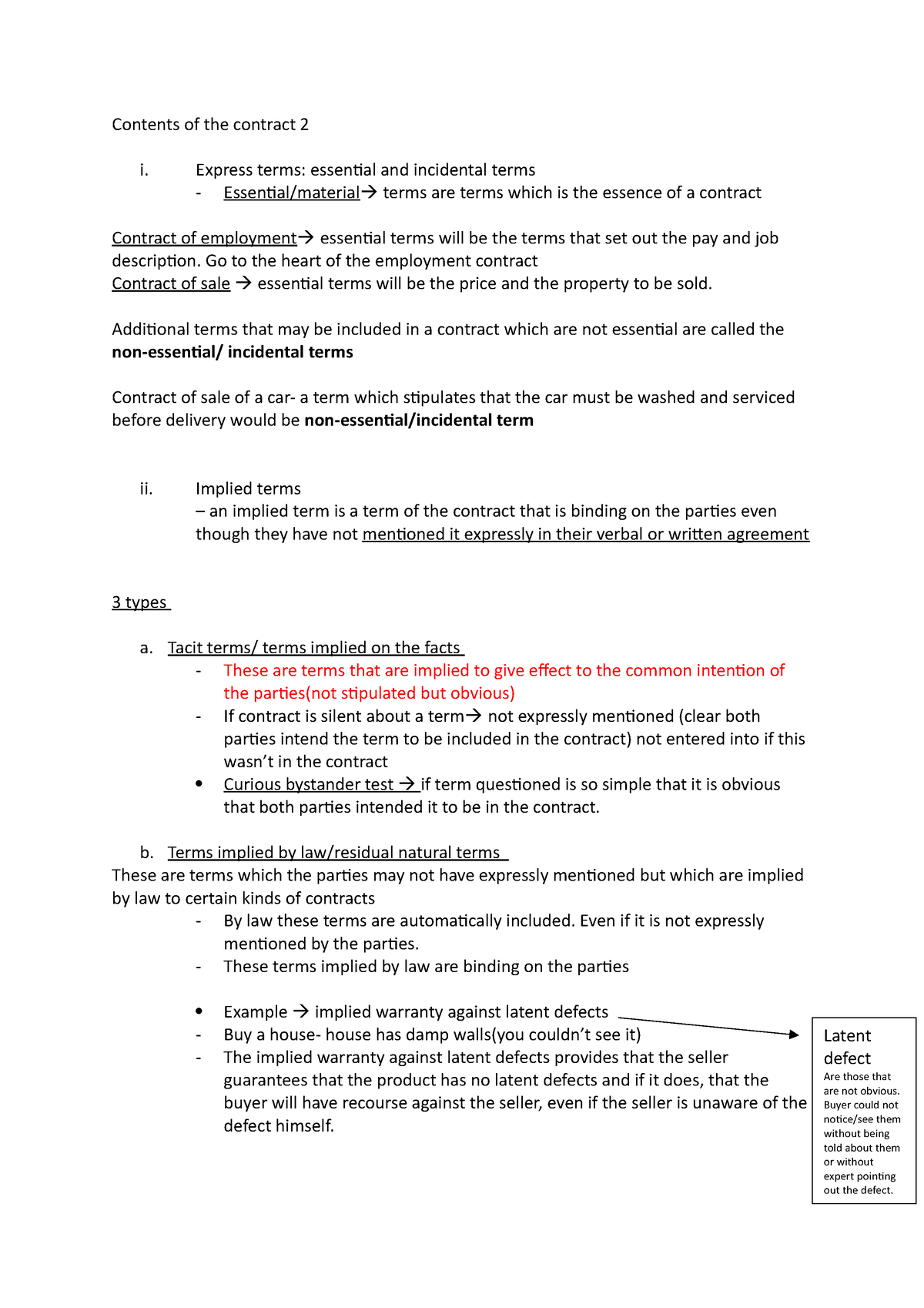 Contents of the contract 2 - Express terms: essential and incidental ...