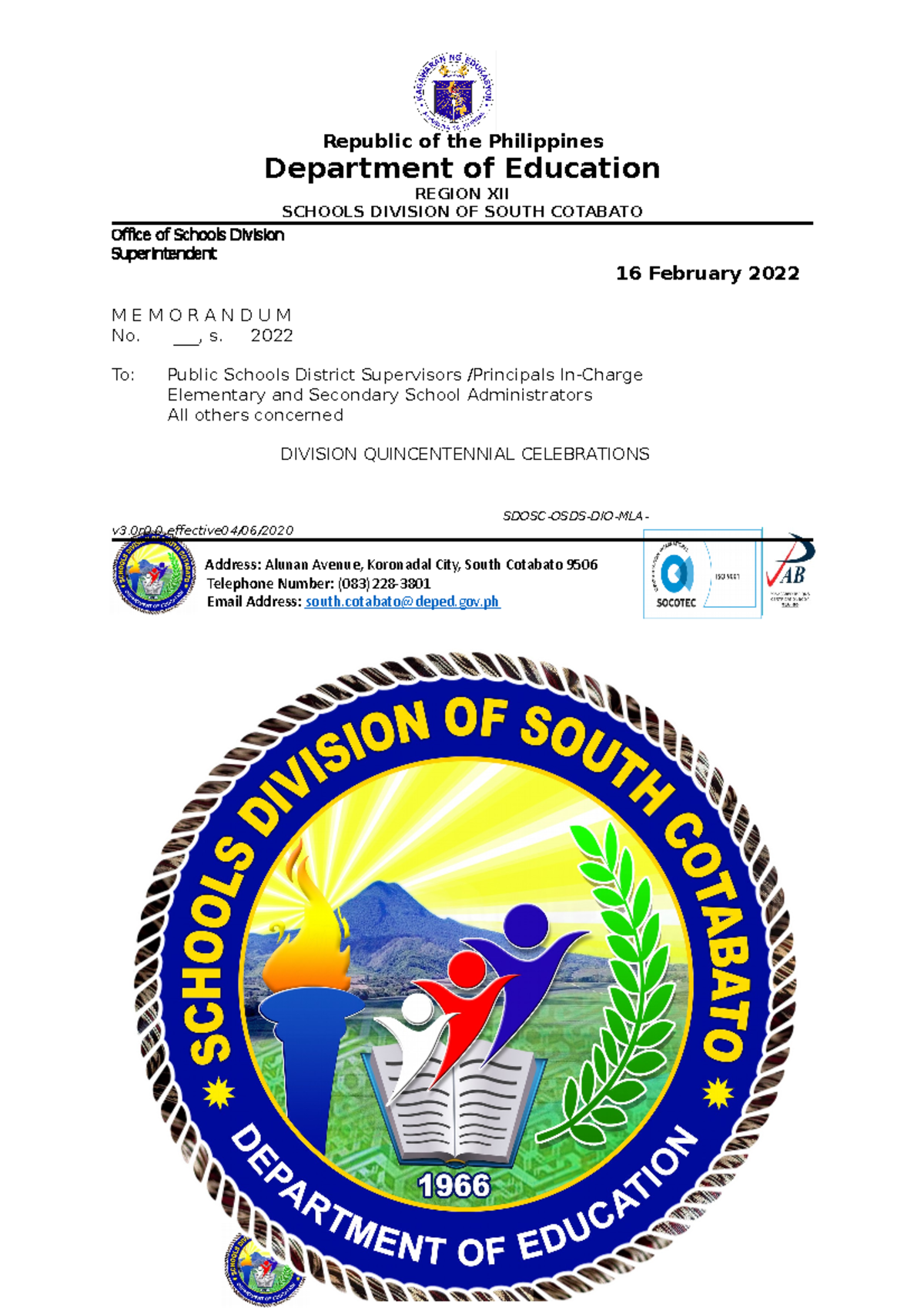 MEMO Quincentennial- Celebrations-2022 - Department of Education REGION ...