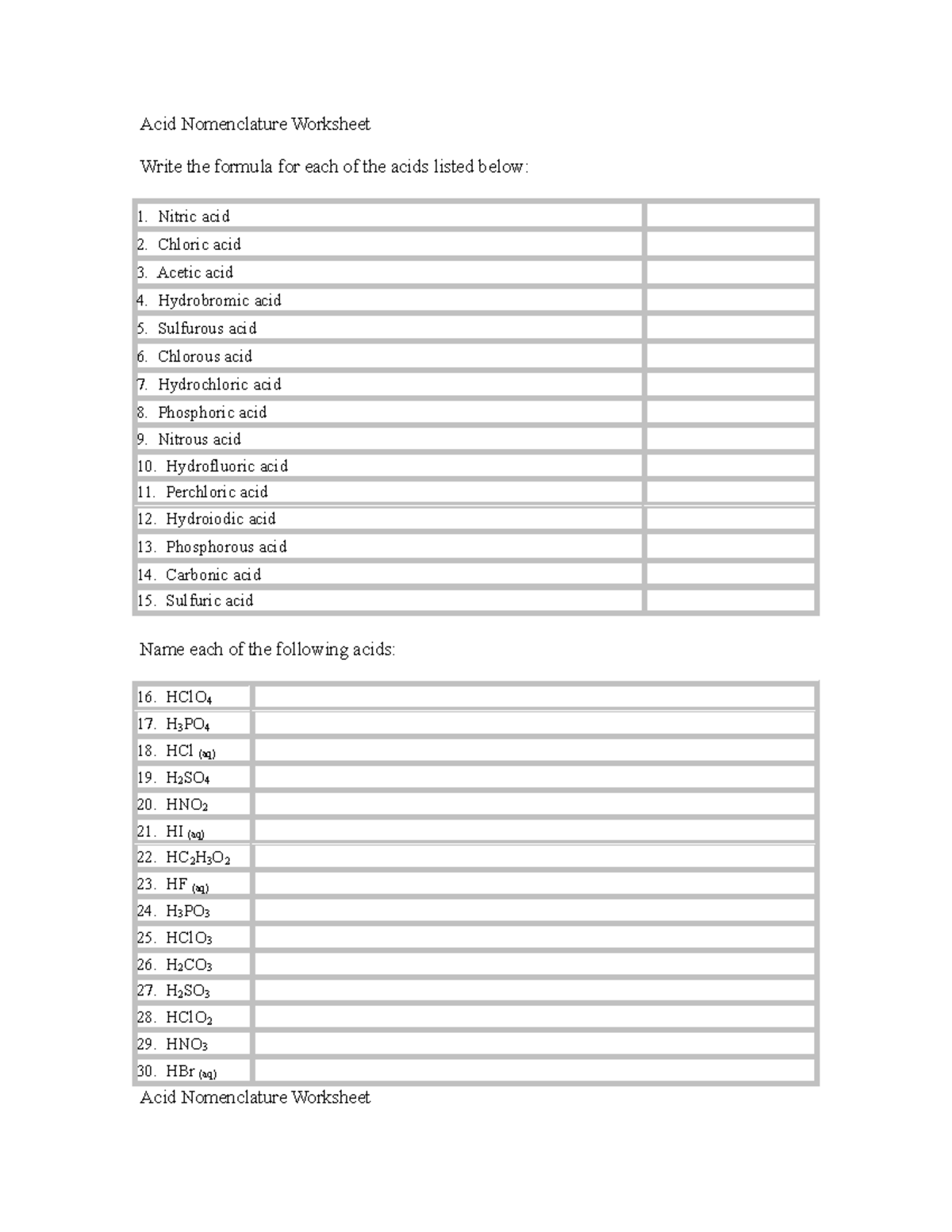 Nomenclature Acids Worksheet With Answers Acid Nomenclature Worksheet Write The Formula For Each Studocu