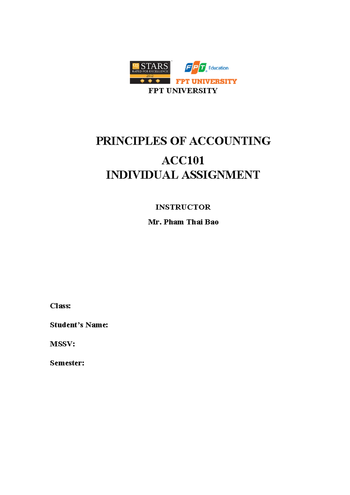 Indi-acc101-ass - FPT UNIVERSITY PRINCIPLES OF ACCOUNTING ACC ...