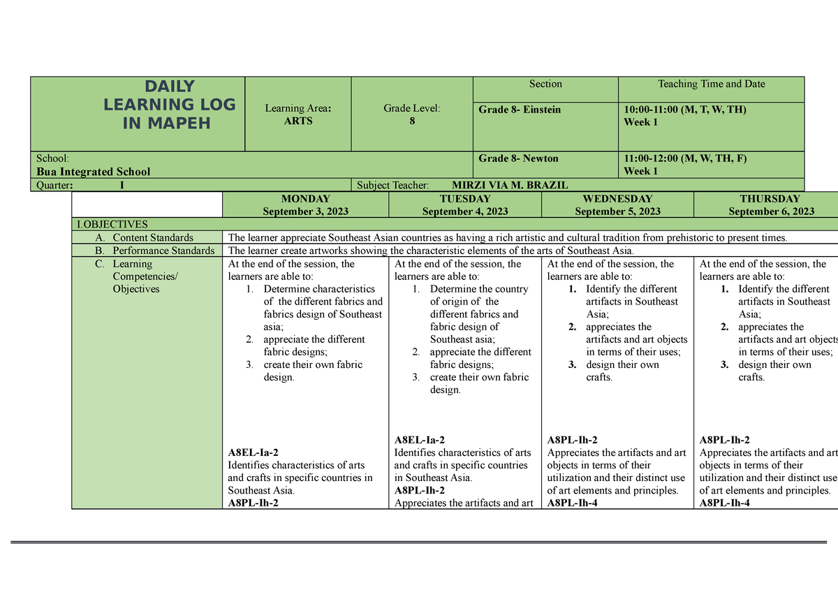 Week 2 - DLL - DAILY LEARNING LOG IN MAPEH Learning Area: ARTS Grade ...