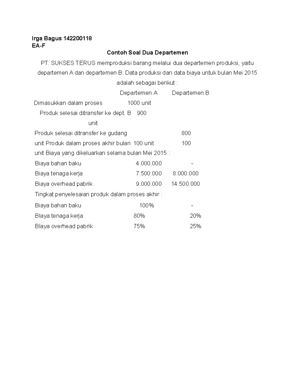 Biaya Produksi Dua Depart - Irga Bagus 142200118 EA-F Contoh Soal Dua ...