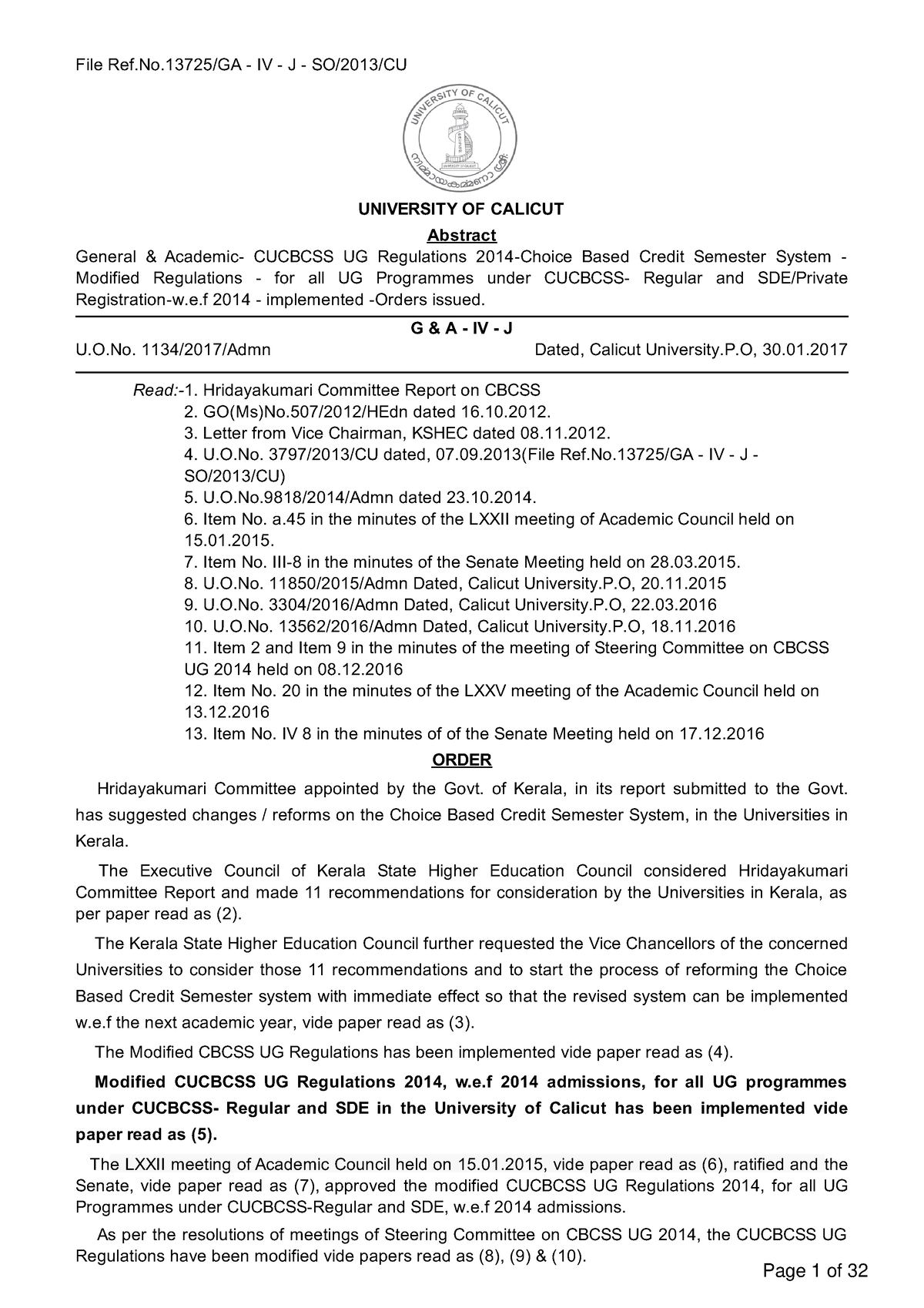 Sde258 - Same - U.O. 1134/2017/Admn Dated, Calicut University.P, 30 ...