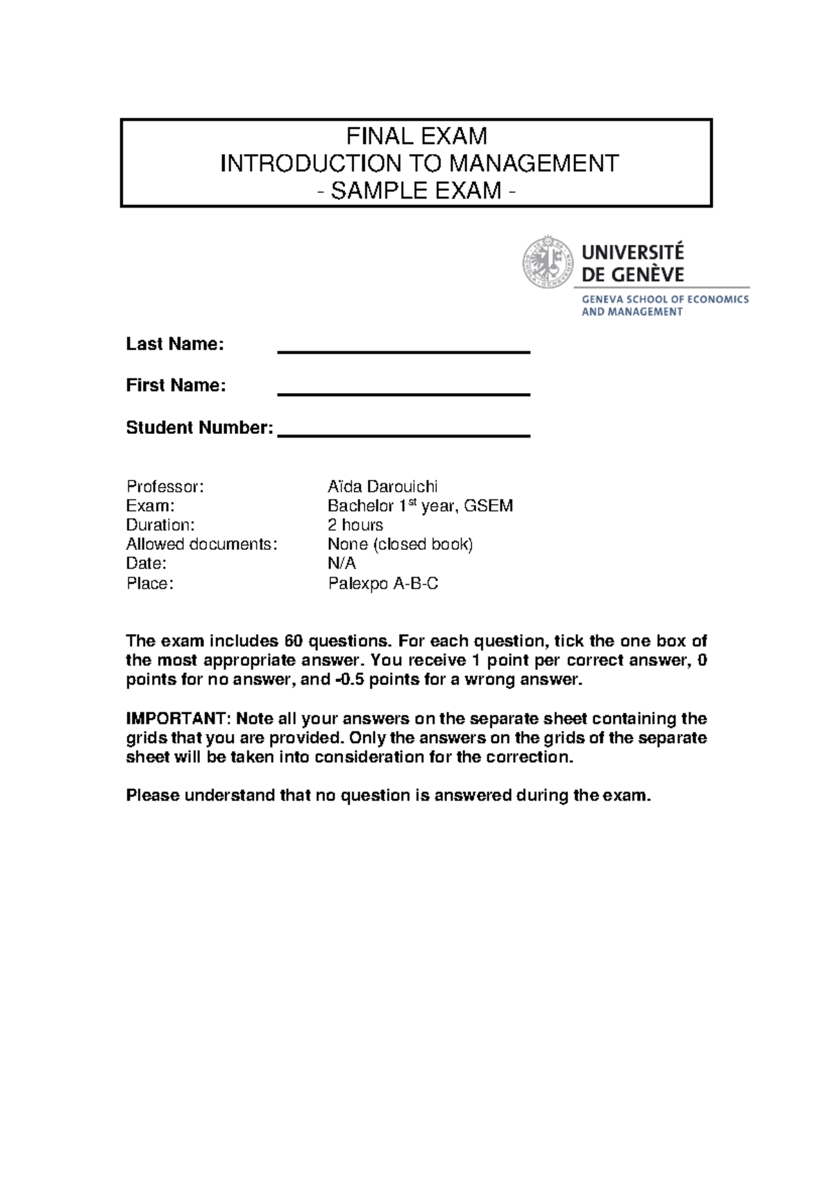 Sample Exam - FINAL EXAM INTRODUCTION TO MANAGEMENT - SAMPLE EXAM ...