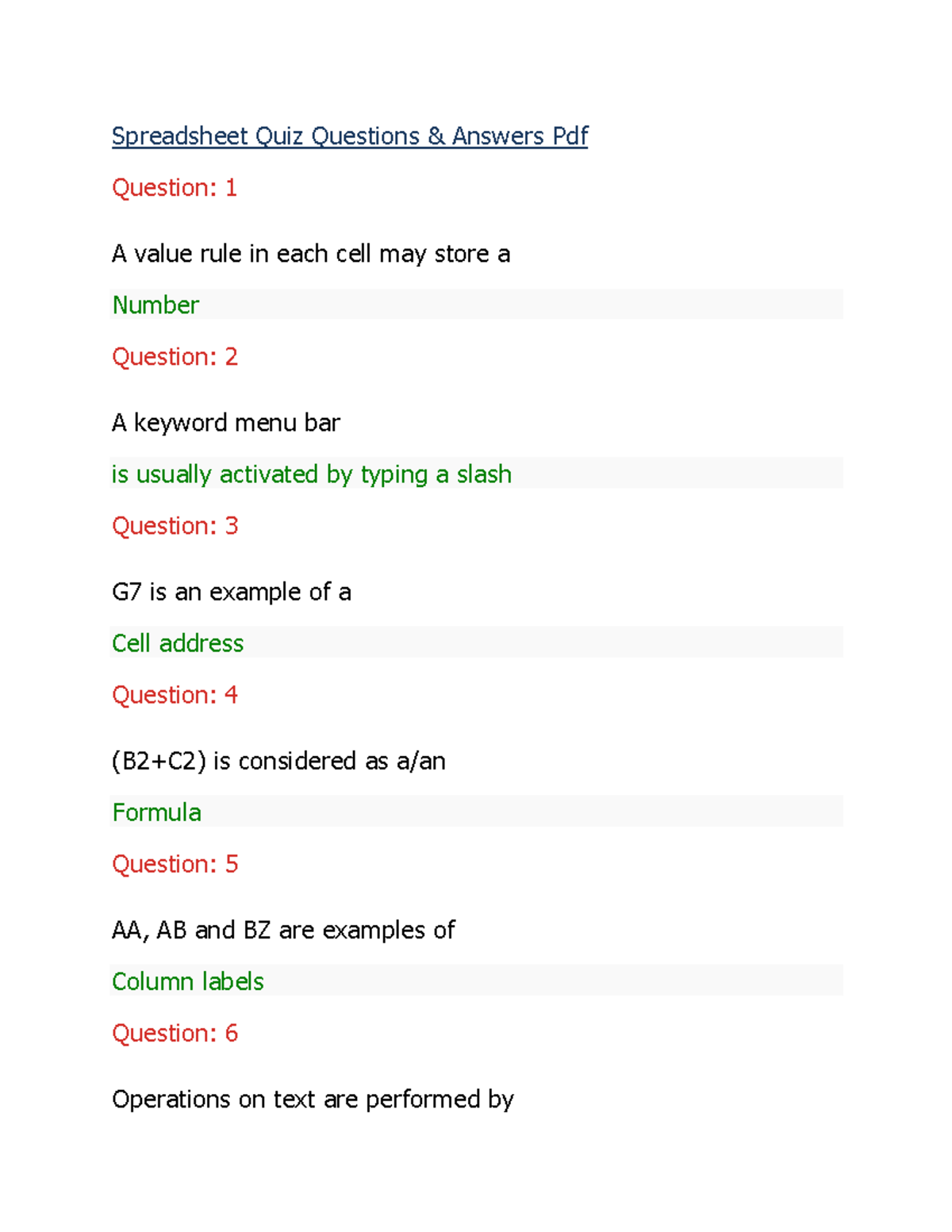 Spreadsheet quiz questions answers Spreadsheet Quiz Questions