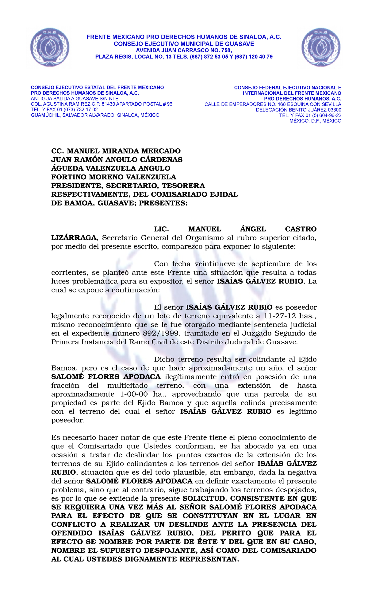 Solicitud Dirigida Al Comisariado Ejidal De Bamoa Cc Manuel Miranda Mercado Juan Ram Angulo Rdenas Gueda Valenzuela Angulo Fortino Moreno Valenzuela Presidente Studocu