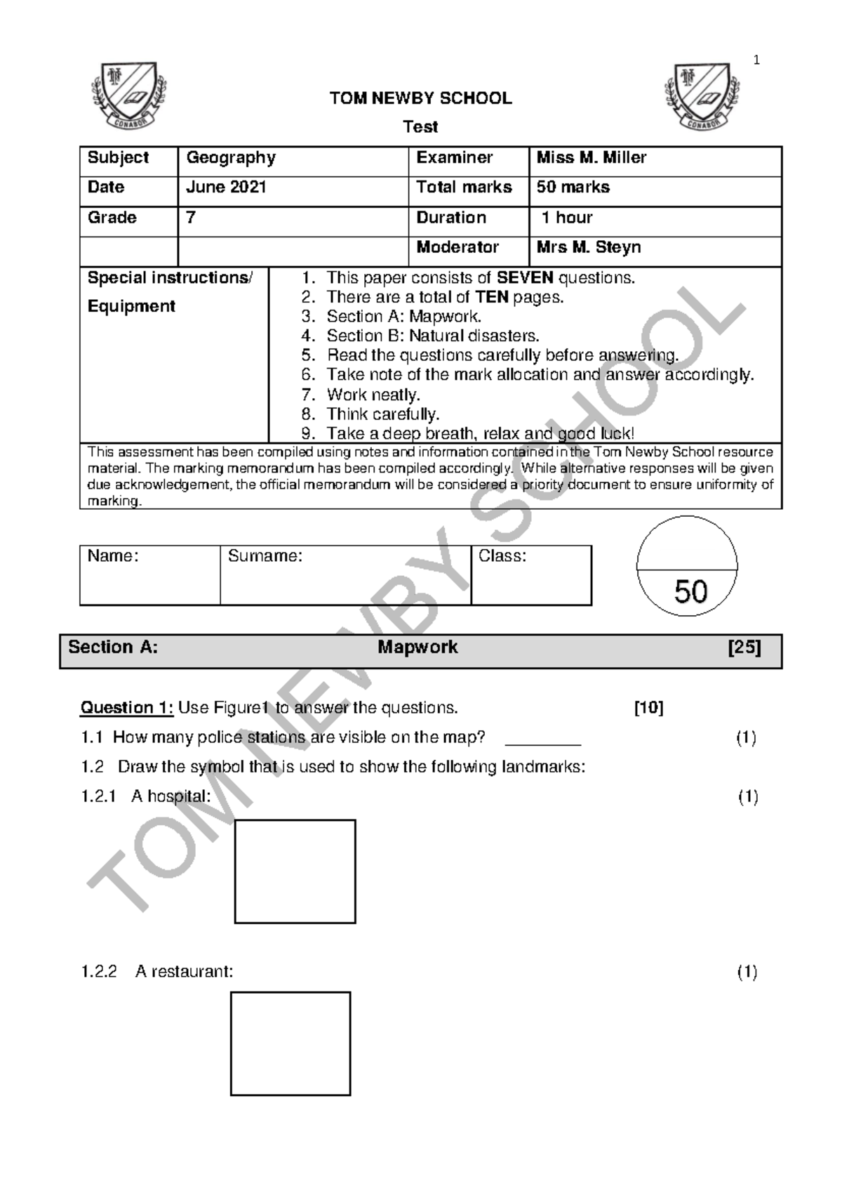 Grade 7 Geography Exam June 2022 - TOM NEWBY SCHOOL Test Subject ...