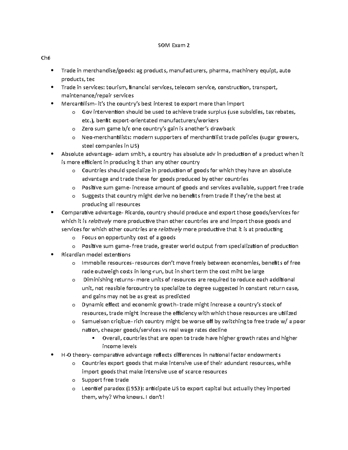 SOM Exam 2 - Lecture notes 10-18 - SOM Exam 2 Ch6 Trade in ag products ...