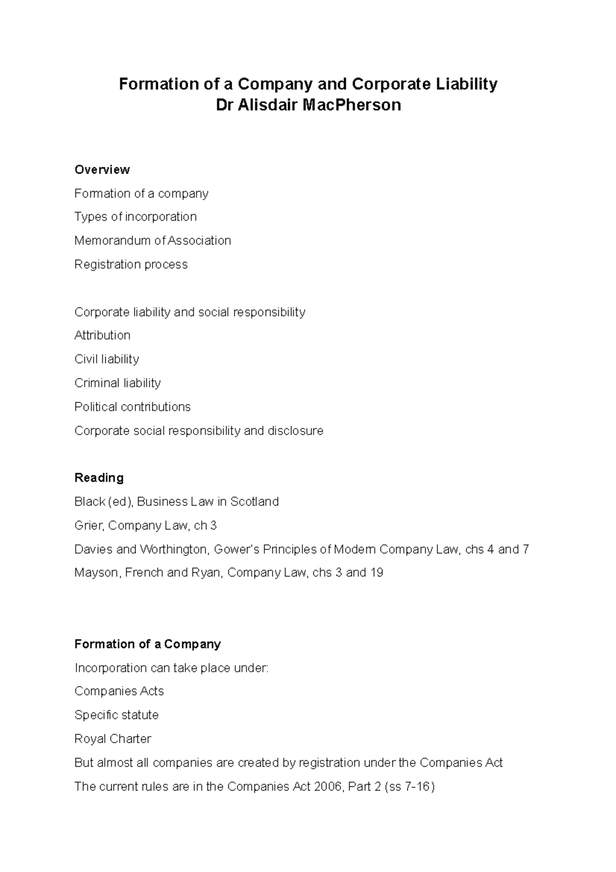 WEEK 4 - 1 Formation OF A Company AND Corporate Liability - Formation ...