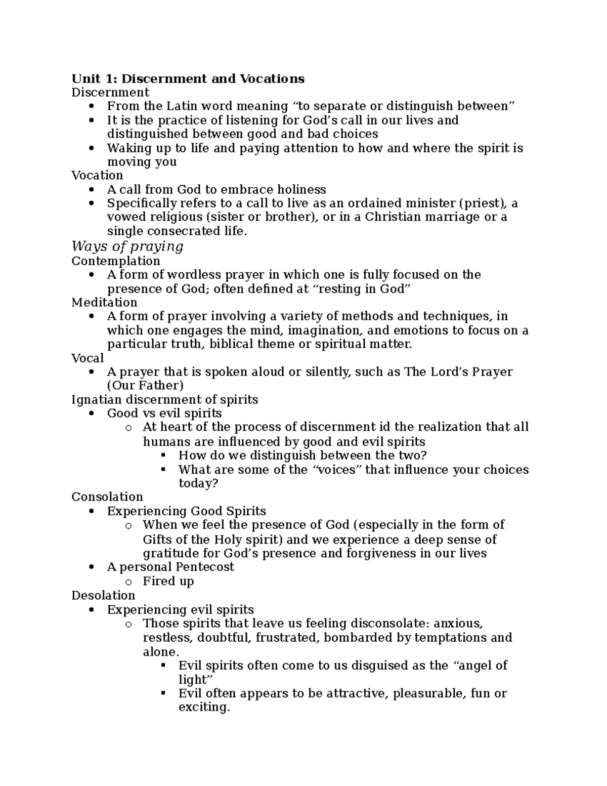 Thheology copy - Unit 1: Discernment and Vocations Discernment From the ...