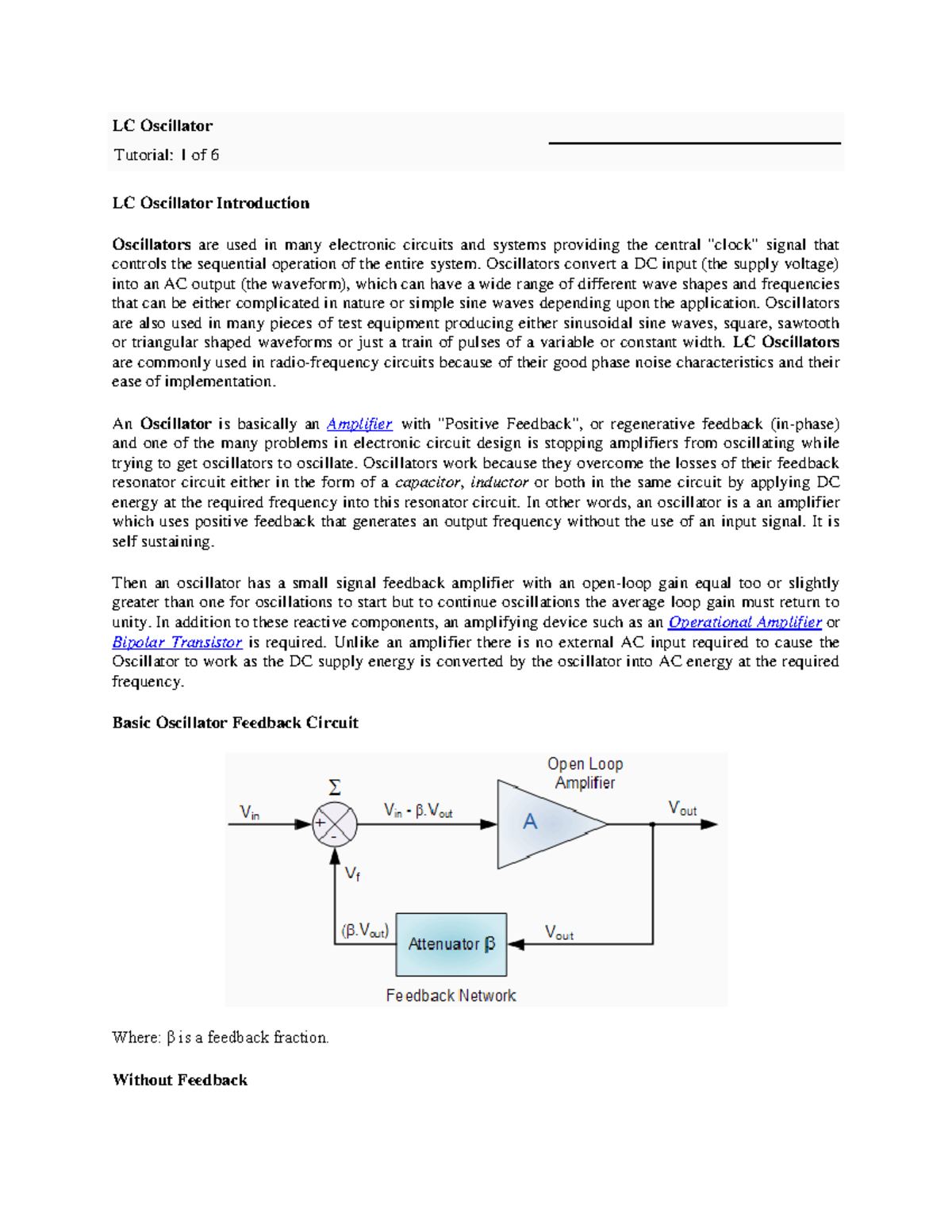 Oscillator Lecture notes 3 LC Oscillator Tutorial 1 of 6 LC