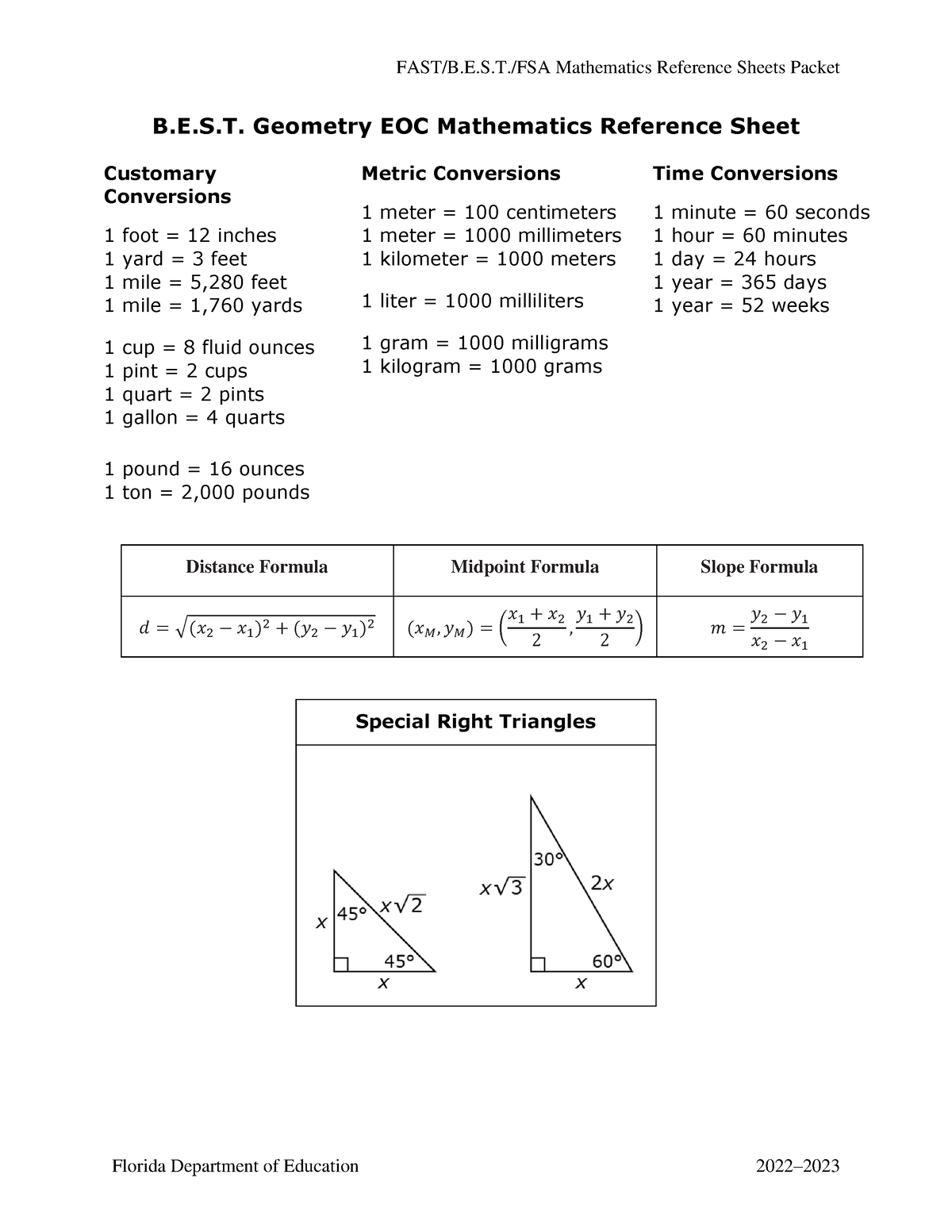 Geometry Reference Sheet B.E.S. Geometry EOC Mathematics Reference