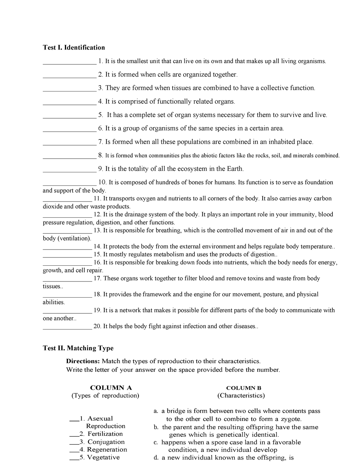 Unit Test in Science 7 - enjoy - Test I. Identification ...