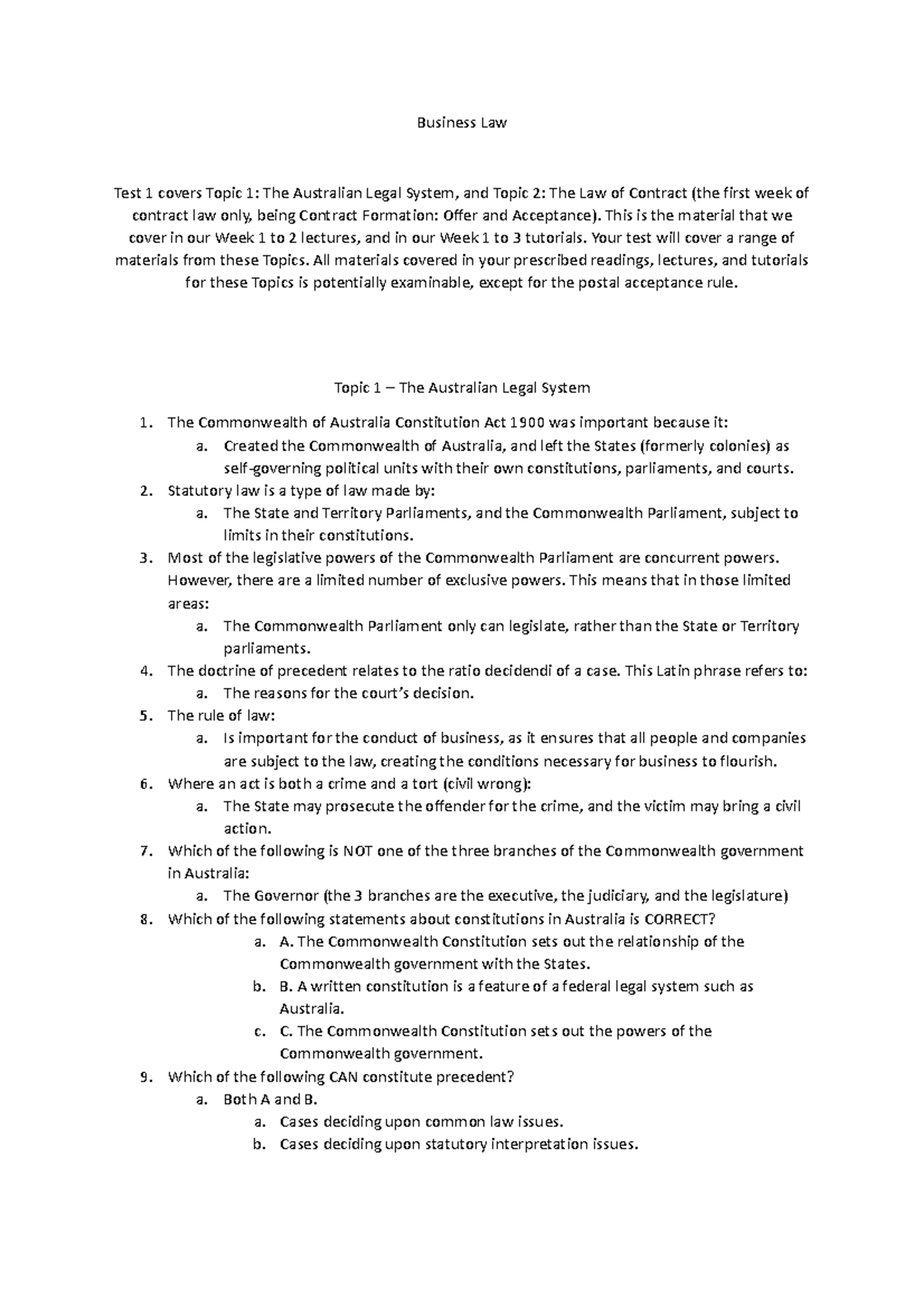 Business Law Test 1 - Notes - BTF1010 - Monash - Studocu