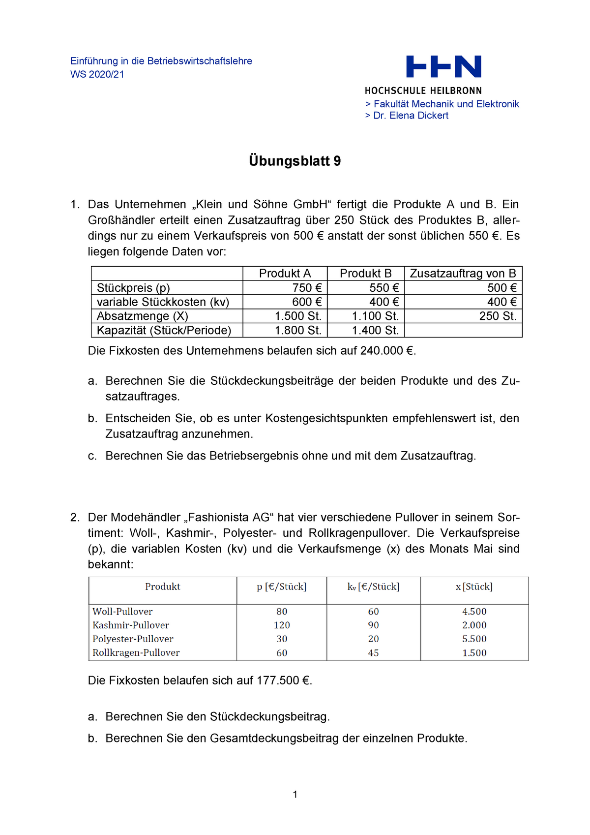 Uebungsblatt Bungsaufgaben Mit L Sungen Bwl Bwl Und Recht Hhn Studocu