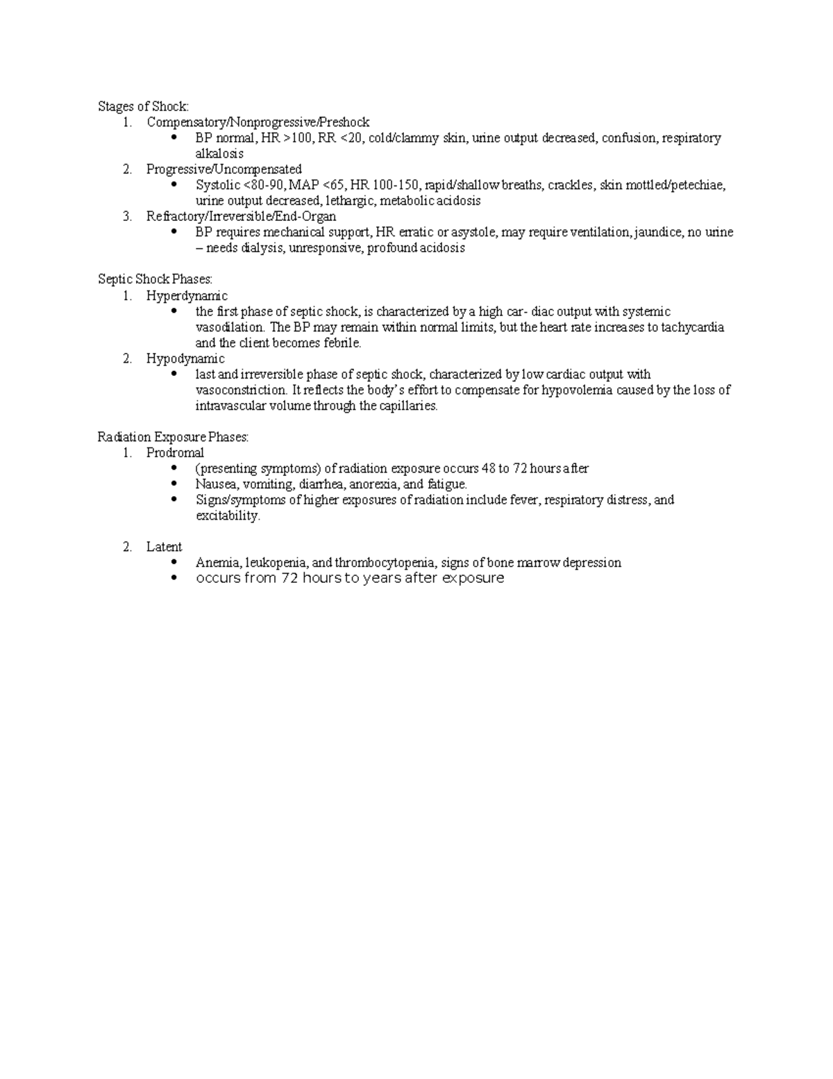 Stages:phases - notes - Stages of Shock: 1. Compensatory/Nonprogressive ...