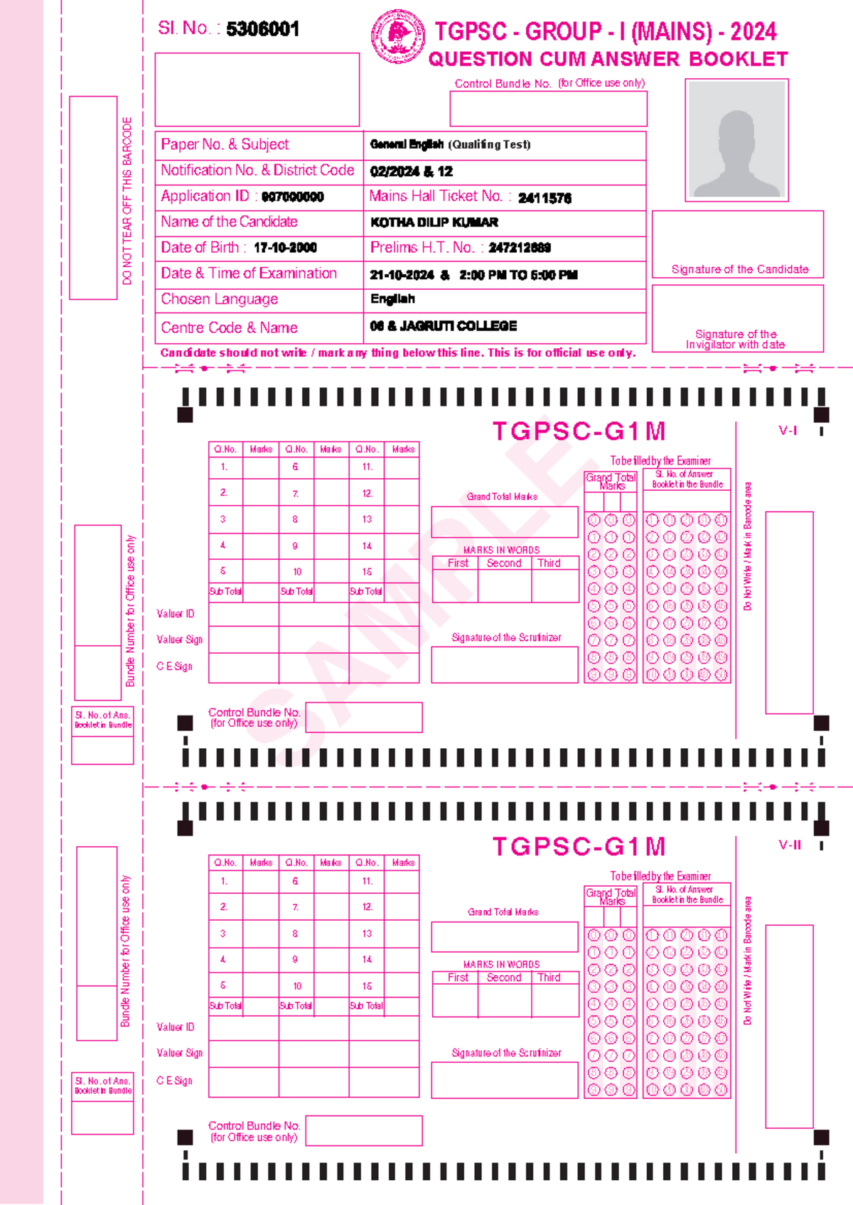 P0 General English - Notes - SAMPLE Sl. No. : DO NOT TEAR OFF THIS ...