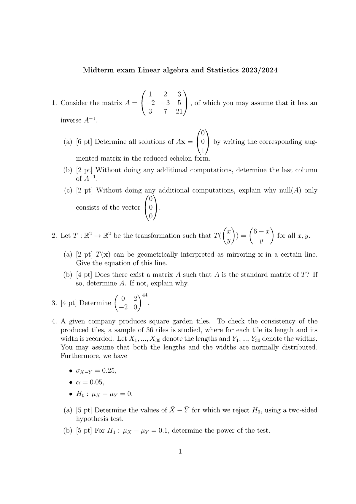 Midterm 6A6X0 20232024 Midterm exam Linear algebra and Statistics