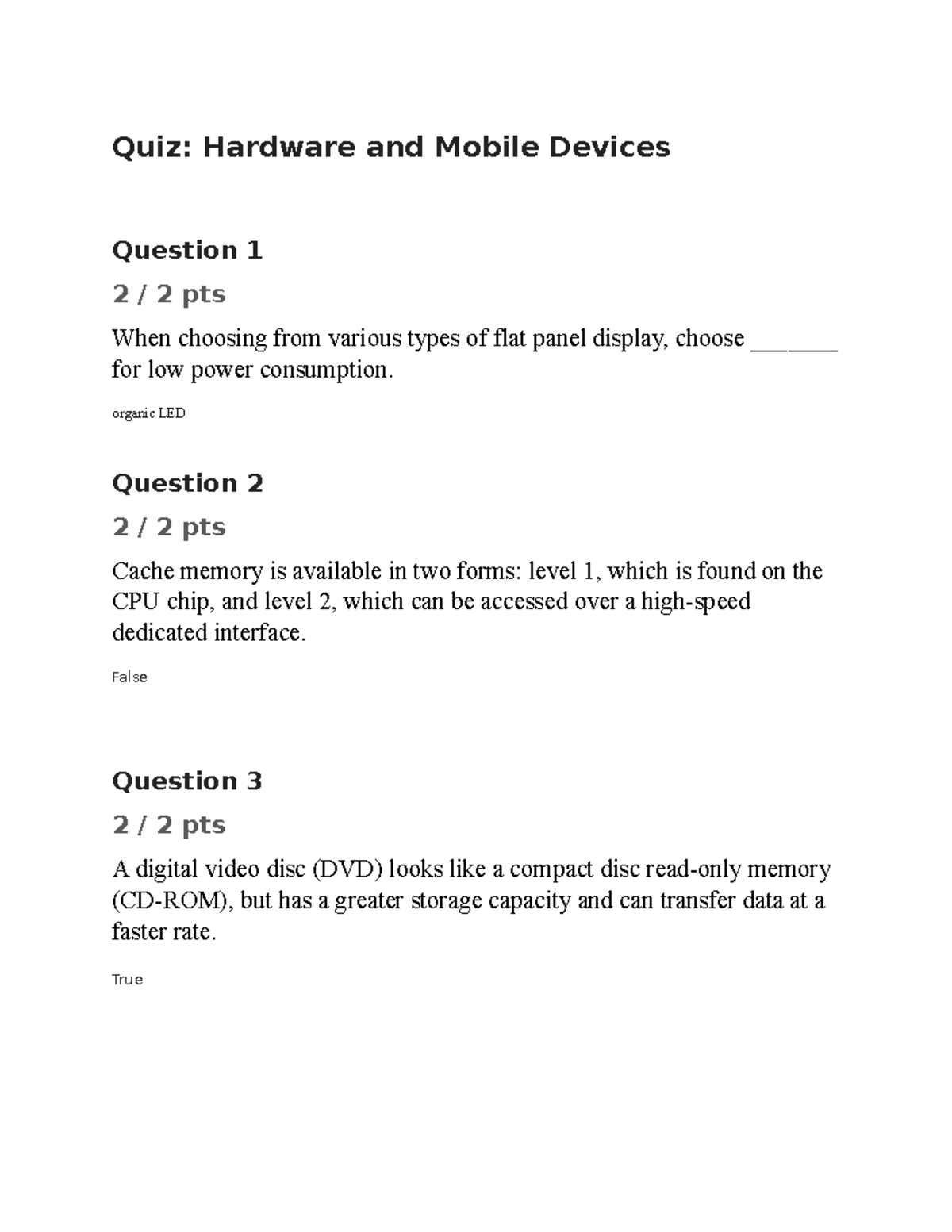Quiz Hardware and Mobile Devices Quiz Hardware and Mobile Devices