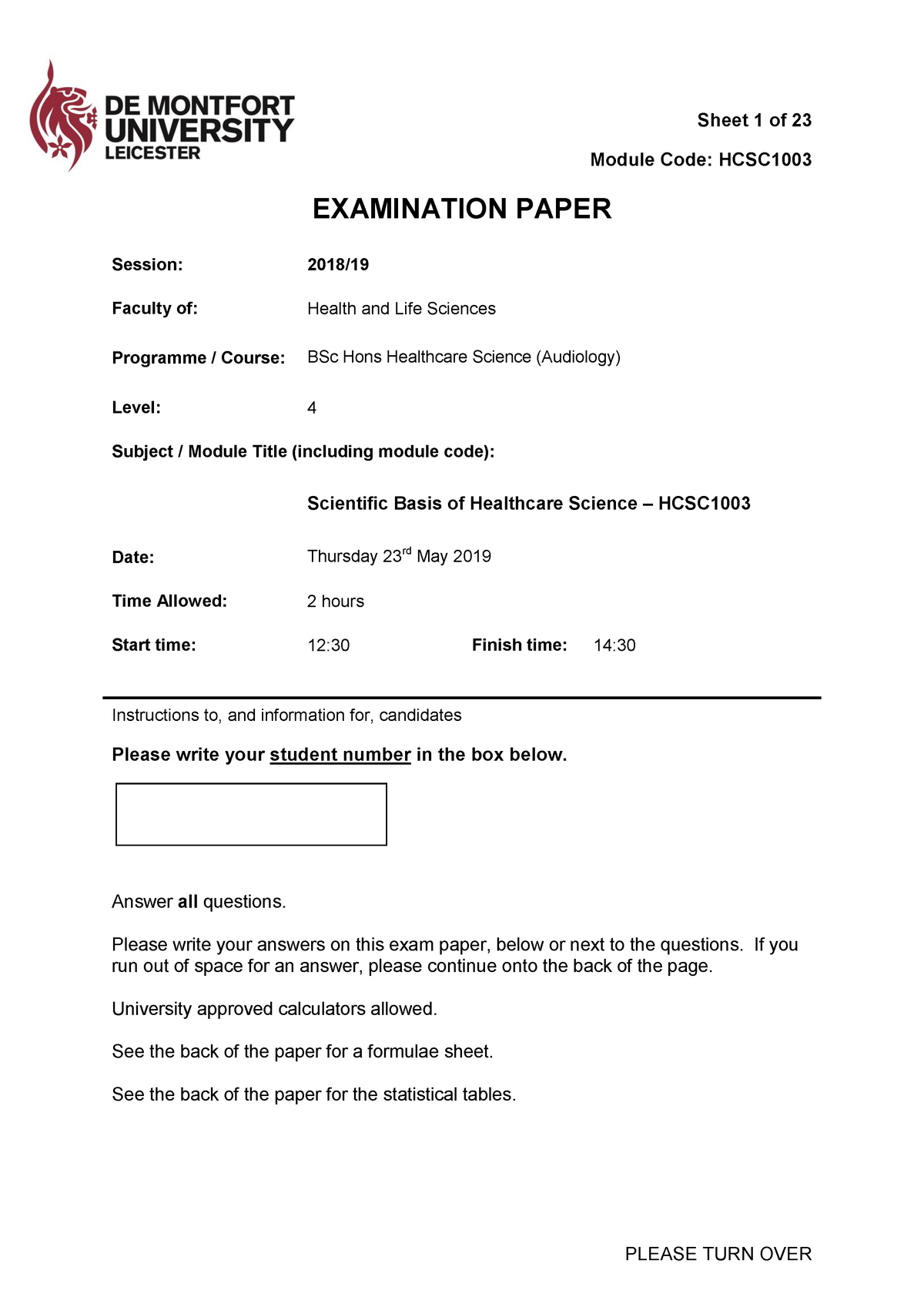 HCSC1003 May 2019 for Exam Net 2 Module Code HCSC EXAMINATION PAPER