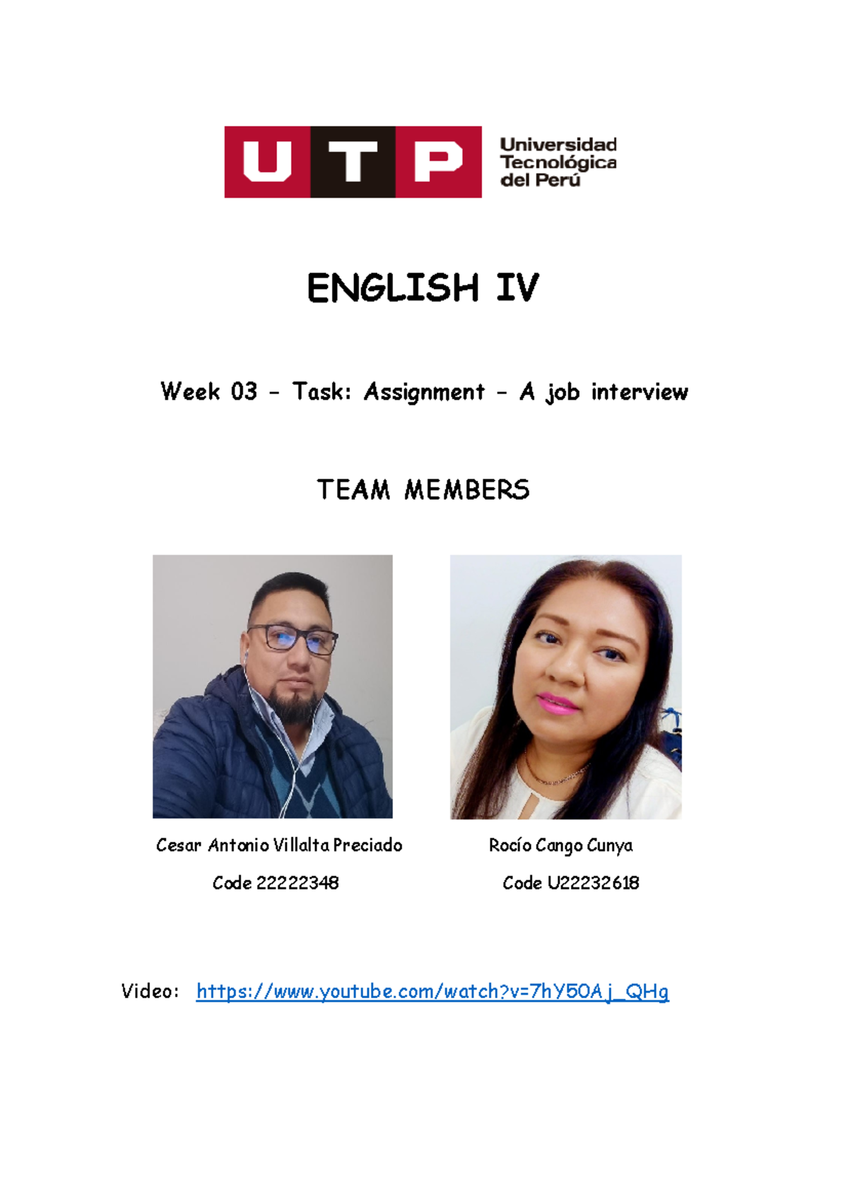 WEEK 03 - A job interview final - ENGLISH IV Week 03 - Task: Assignment ...