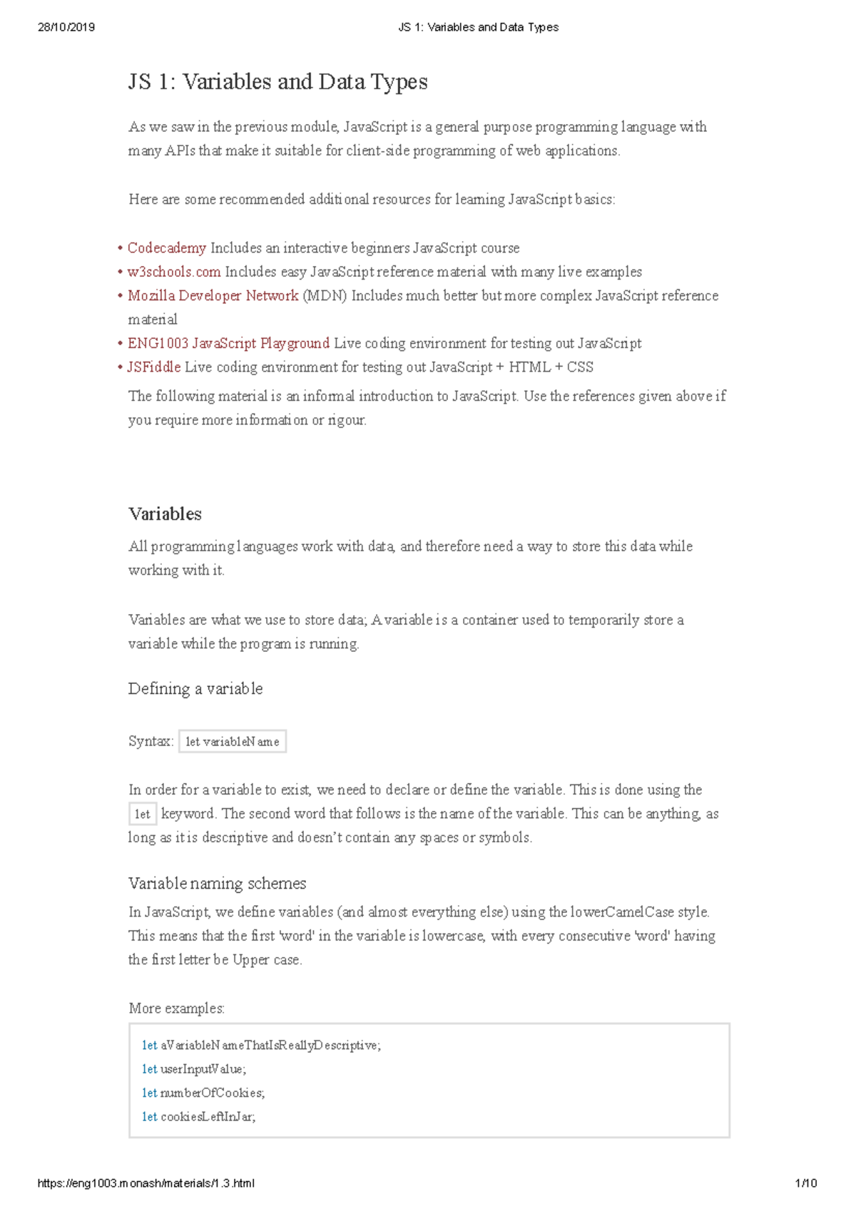 JS 1 Variables and Data Types - JS 1: Variables and Data Types As we ...
