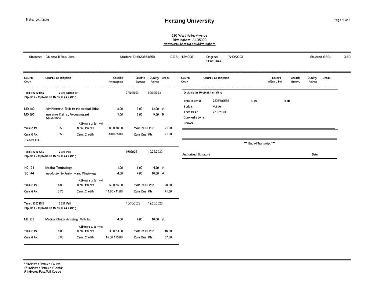 Transcript - Practice with proctor - Date: 2/2/2024 Herzing University ...