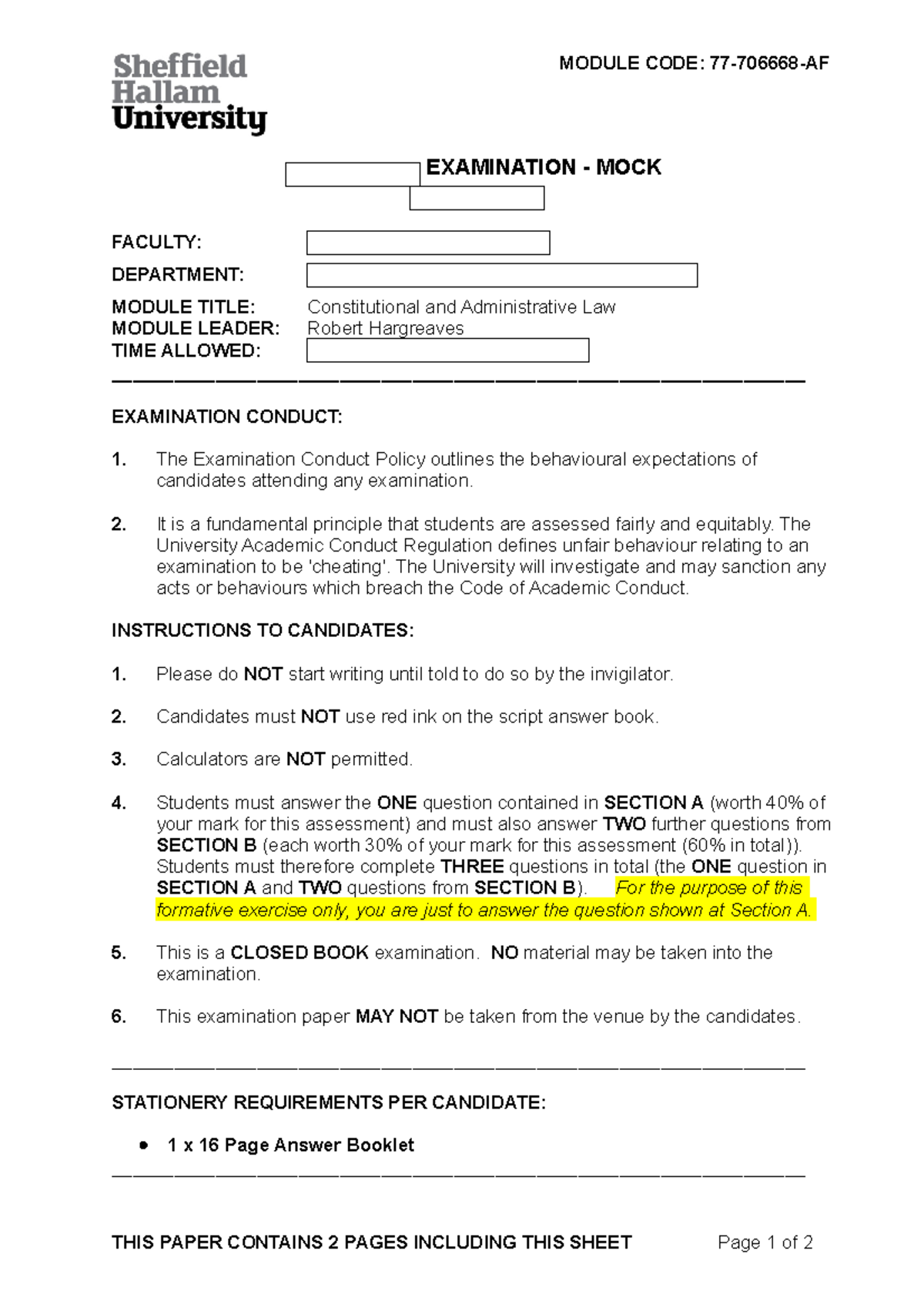LLM Public Law Exam - MODULE CODE: 77-706668-AF EXAMINATION - MOCK ...
