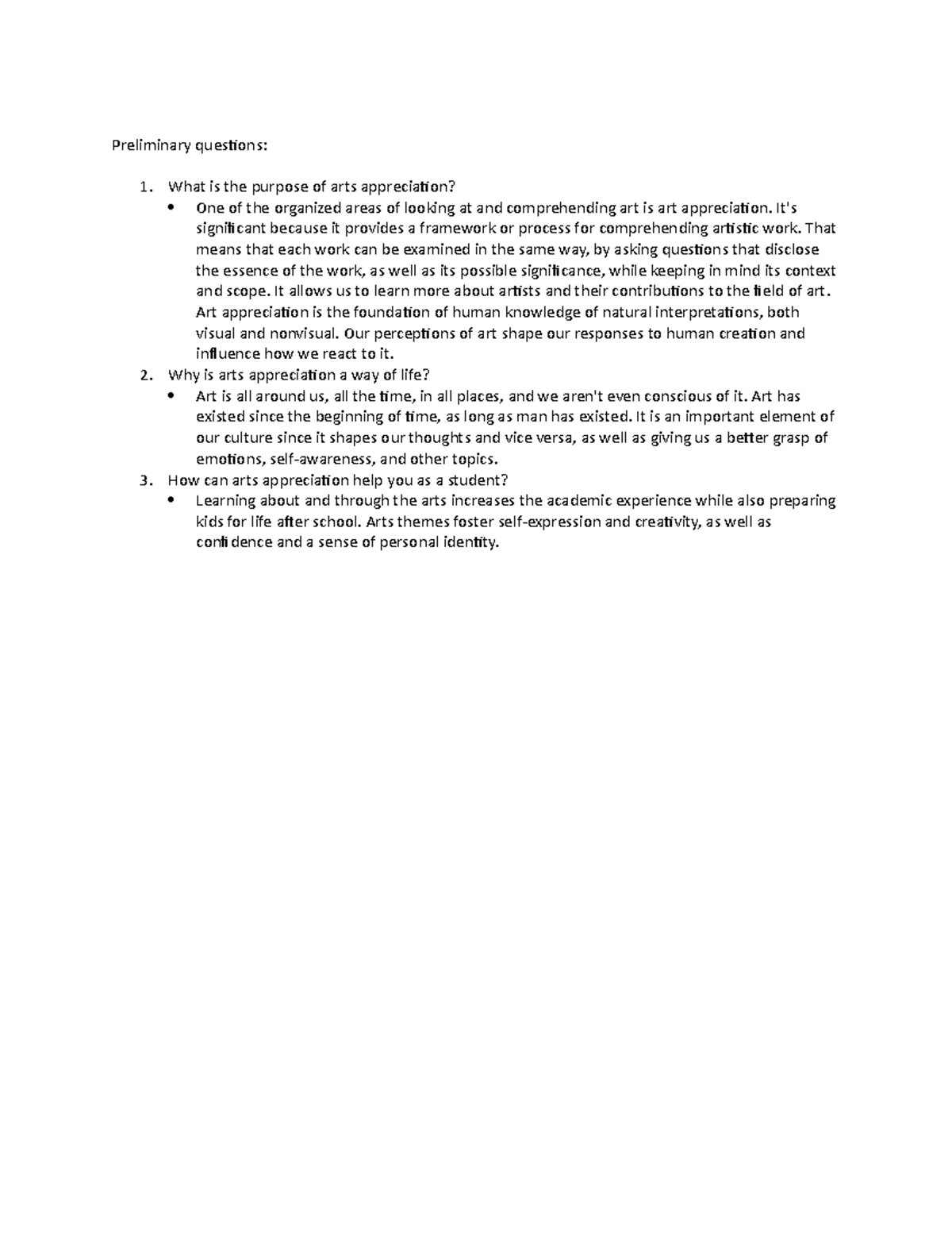 Preliminary questions arts Art Appreciation (ge 103) Studocu