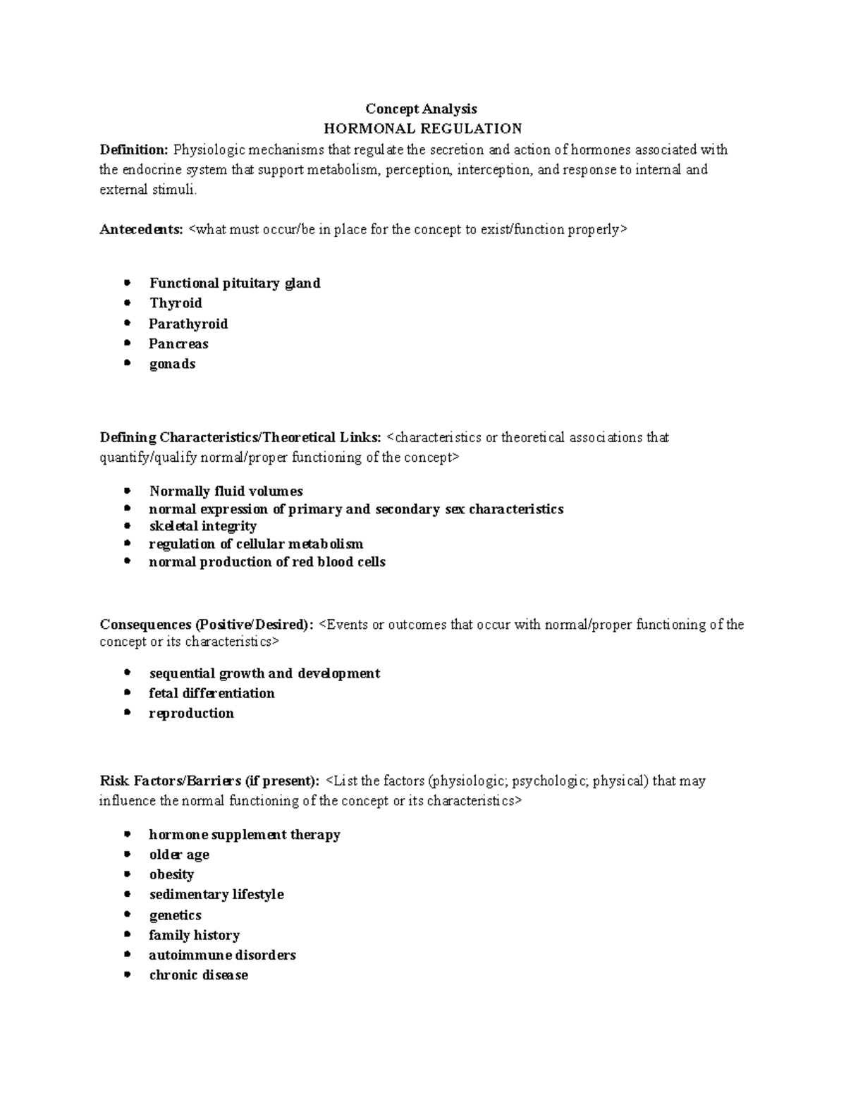 Hormone Regulation Concept Analysis - Concept Analysis HORMONAL