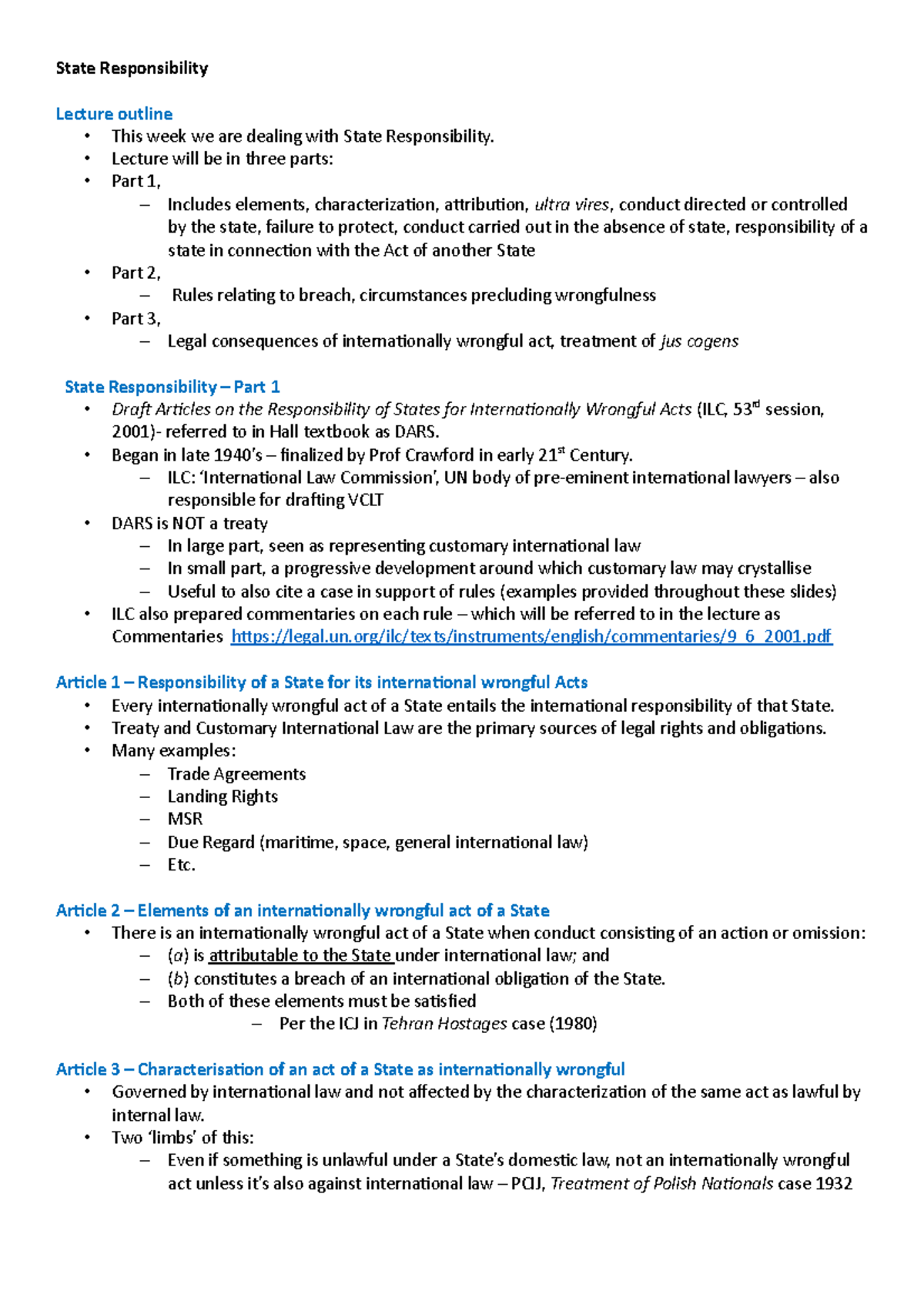 Week 6 - State Responsibility - State Responsibility Lecture outline ...